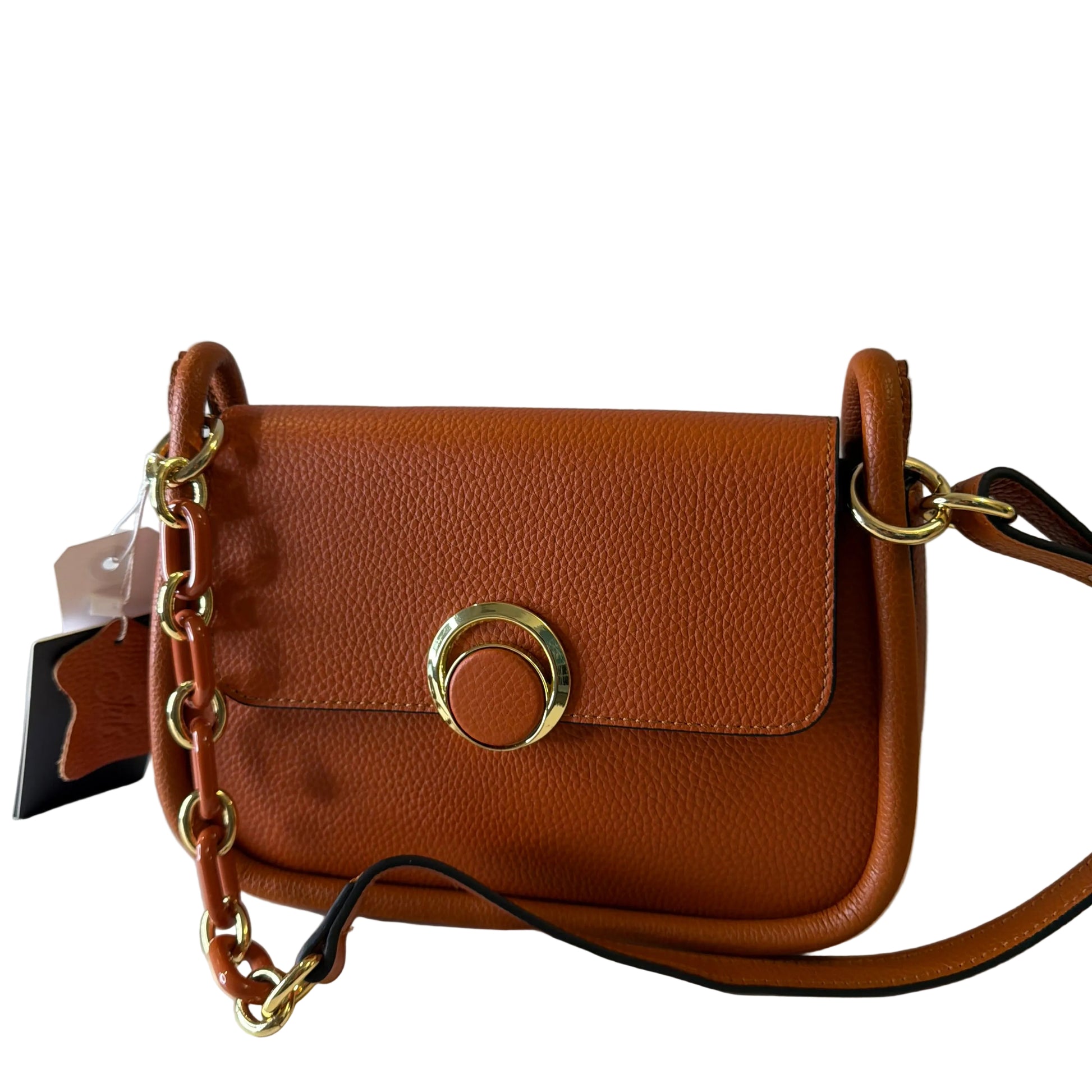 Brown leather handbag with gold chain and clasp on a white background