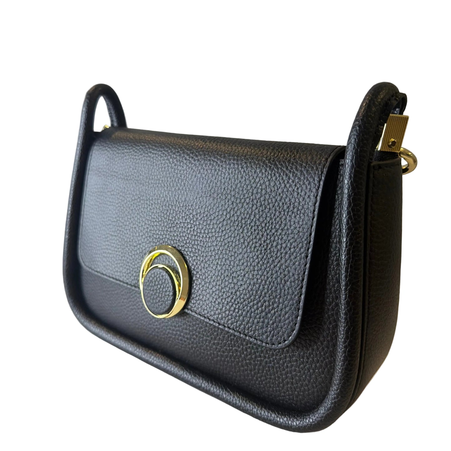 Black leather handbag with gold clasp on a light gray background