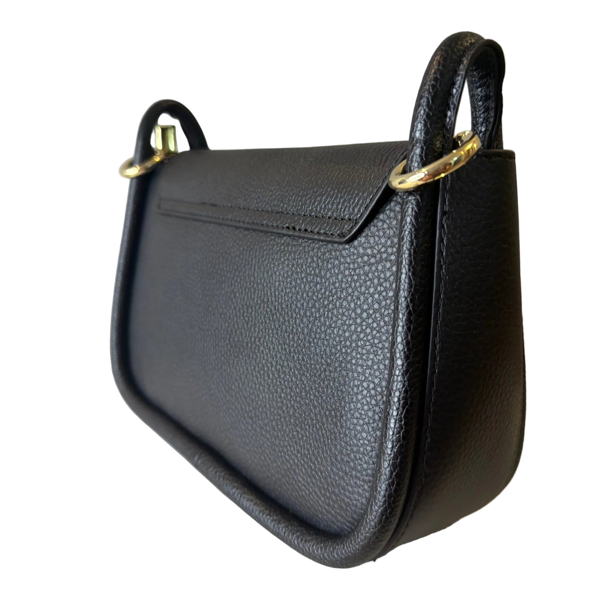 Black handbag with gold accents on a light gray background