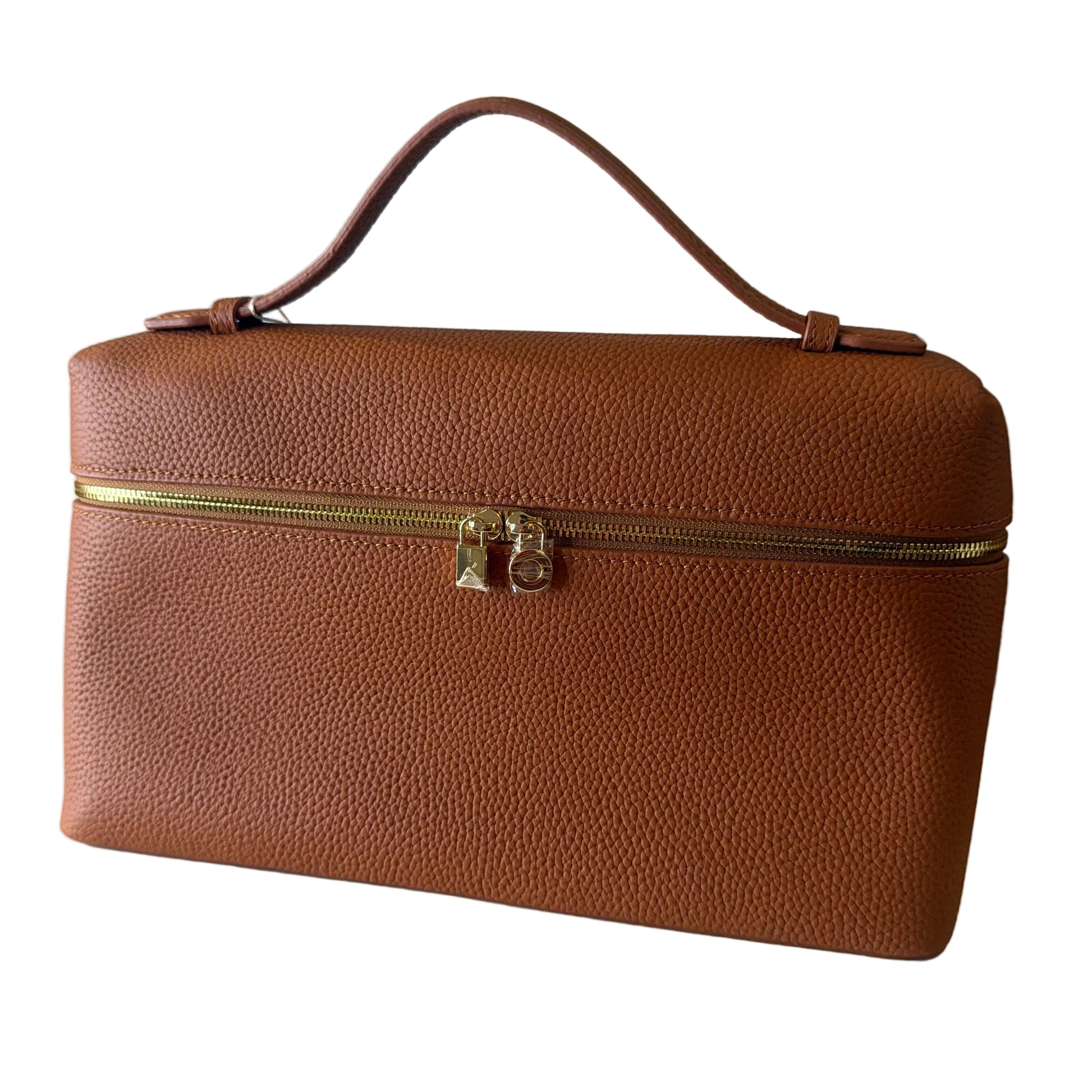 Brown leather handbag with a gold zipper on a light gray background