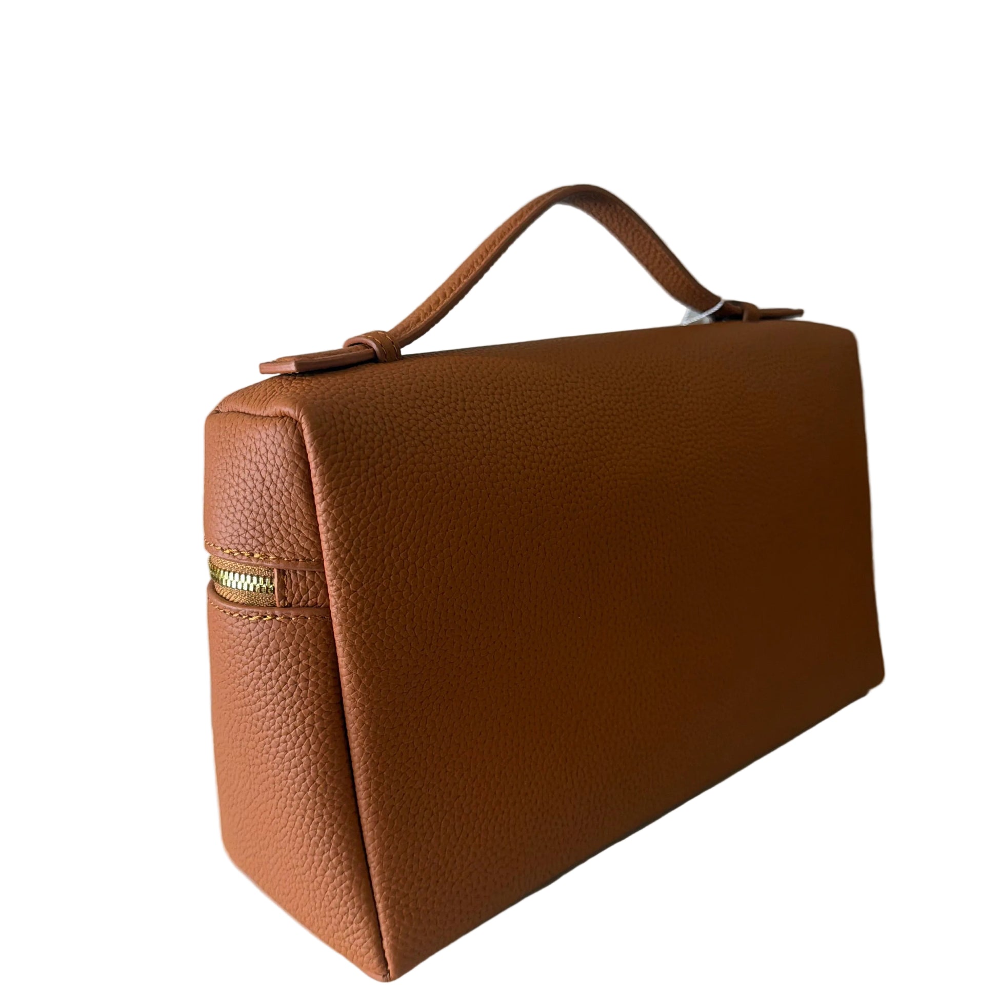 Brown leather handbag on a light gray background