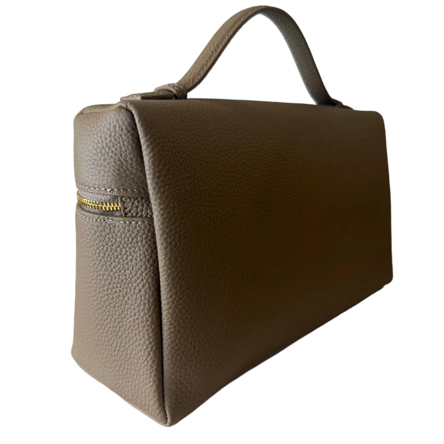 Brown leather handbag on a light gray background