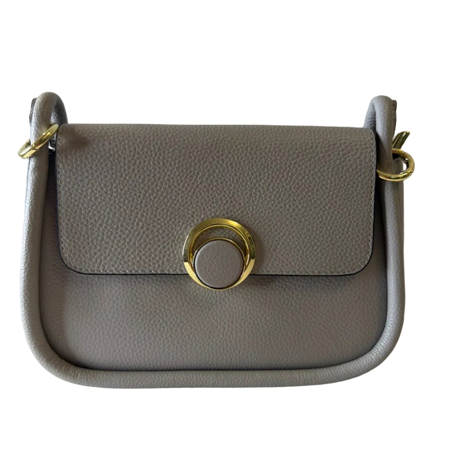 Gray handbag with gold accents on a light gray background