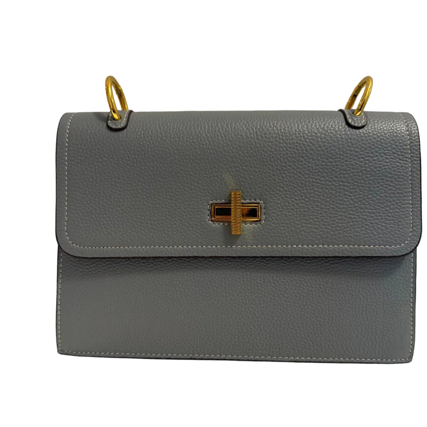 Gray leather wallet with gold accents on a light gray background