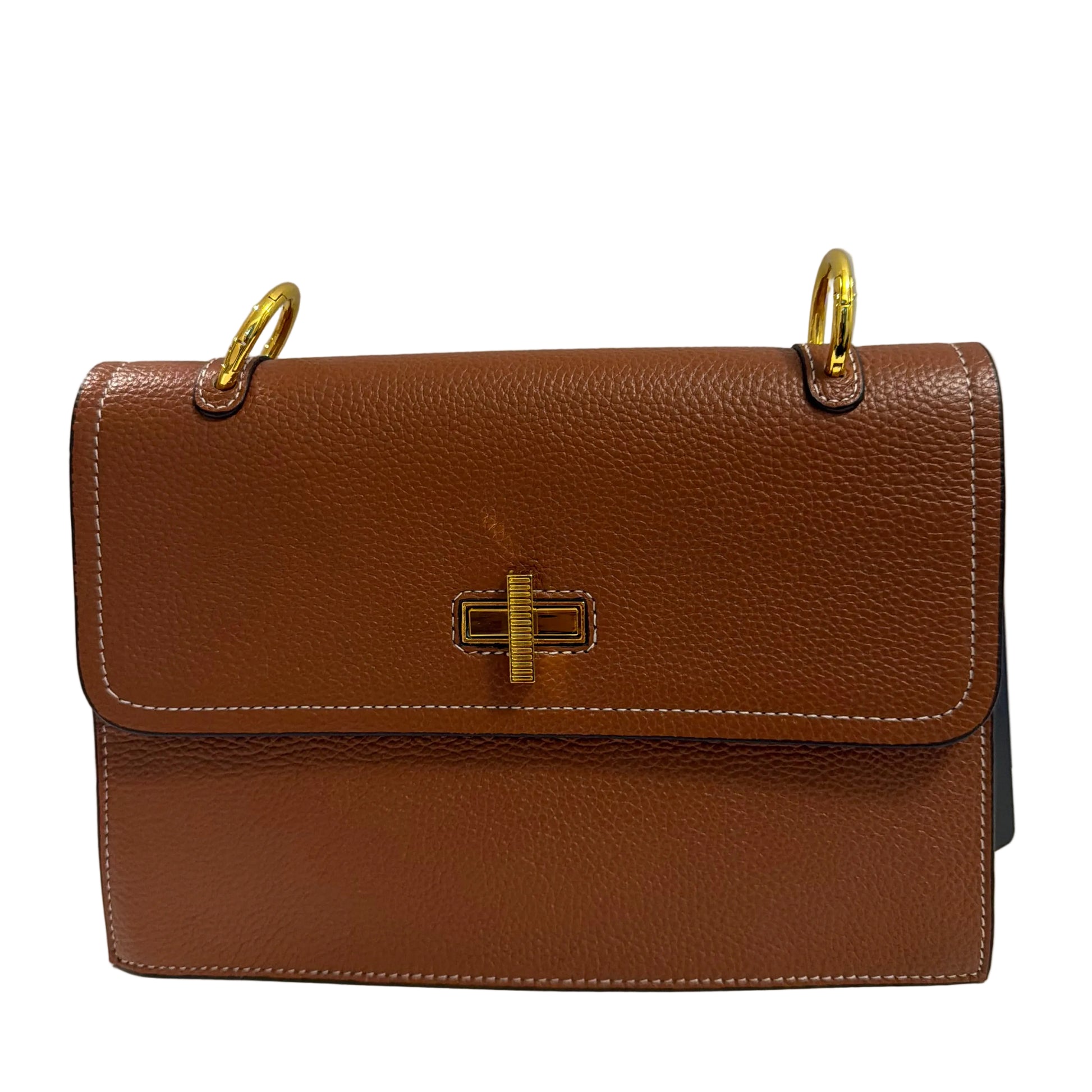 Brown leather wallet with gold accents on a light gray background