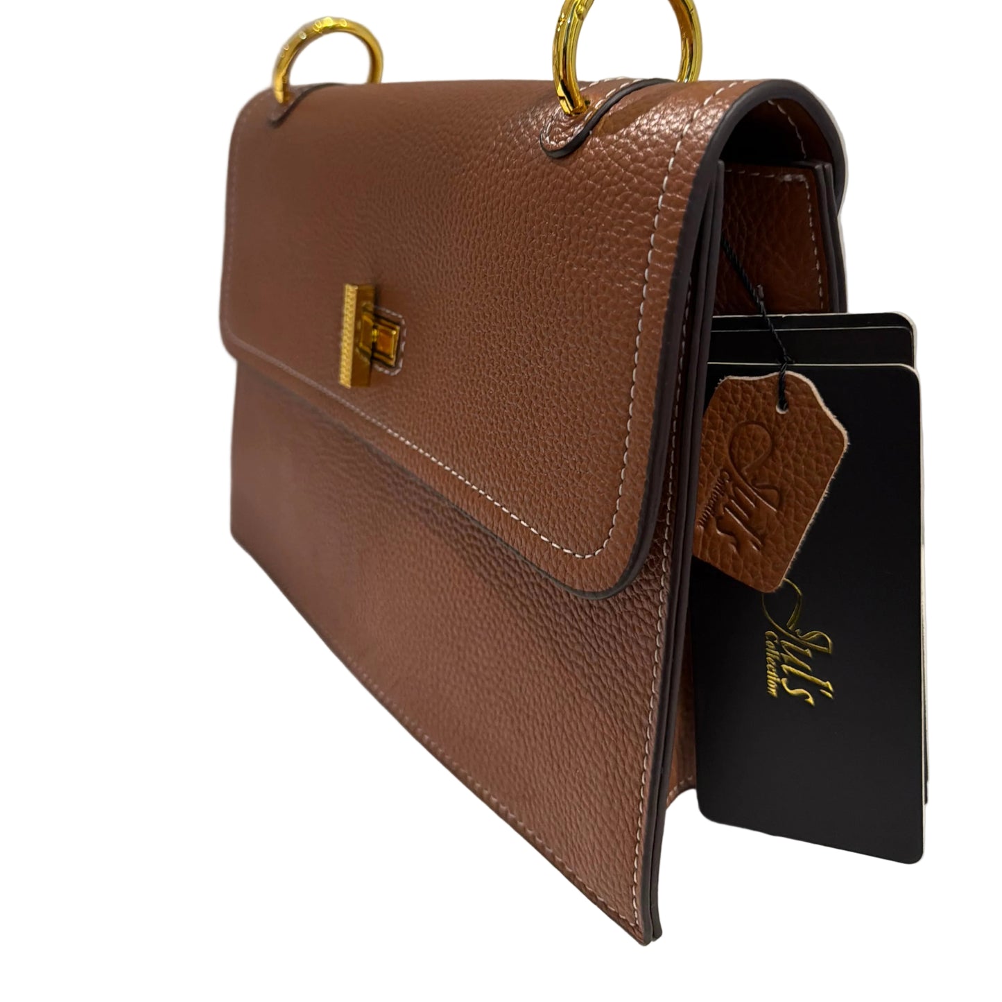 Brown leather wallet with gold accents on a light gray background