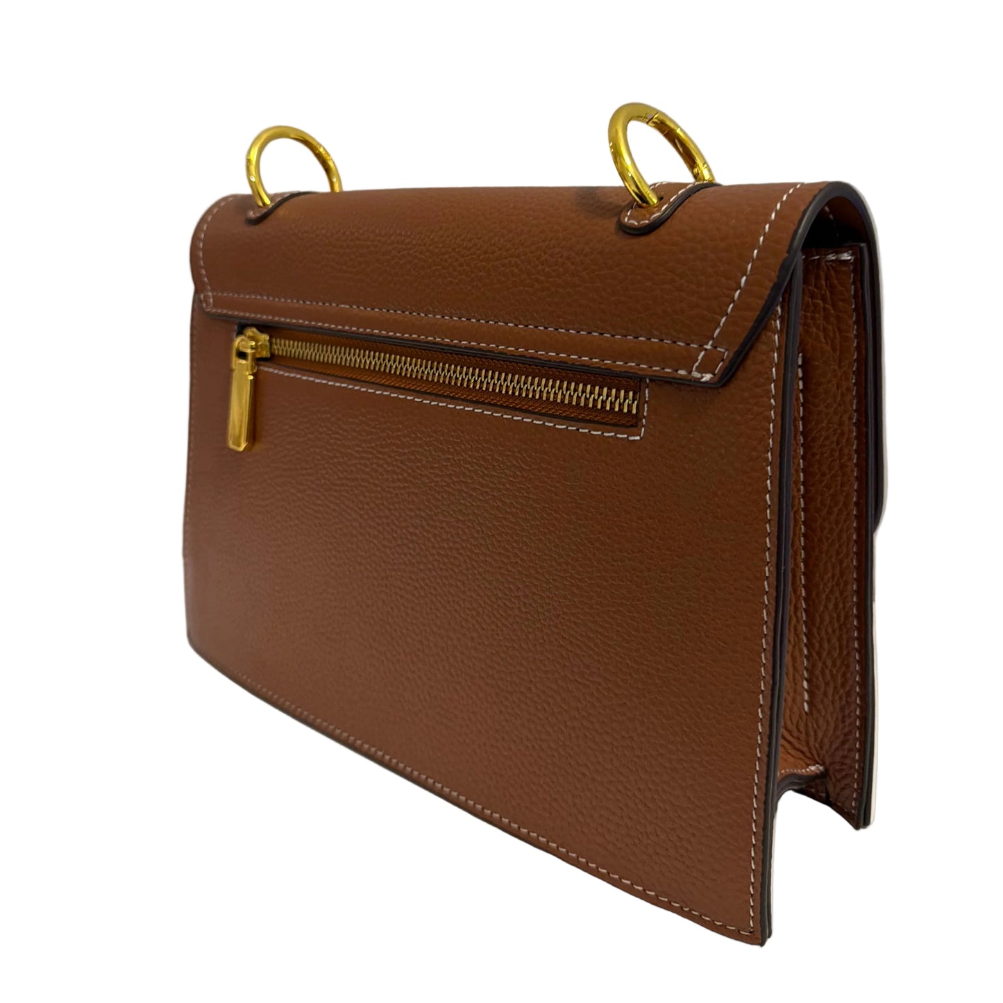 Brown leather clutch with gold accents on a light gray background