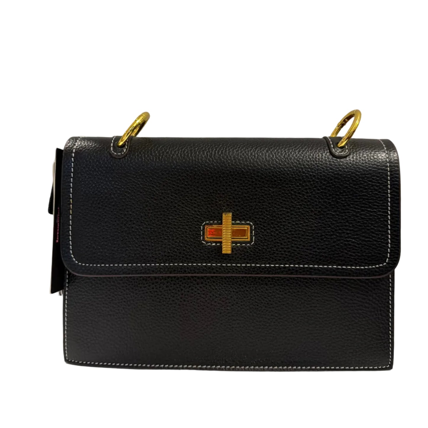 Black leather planner with gold cross on a light gray background