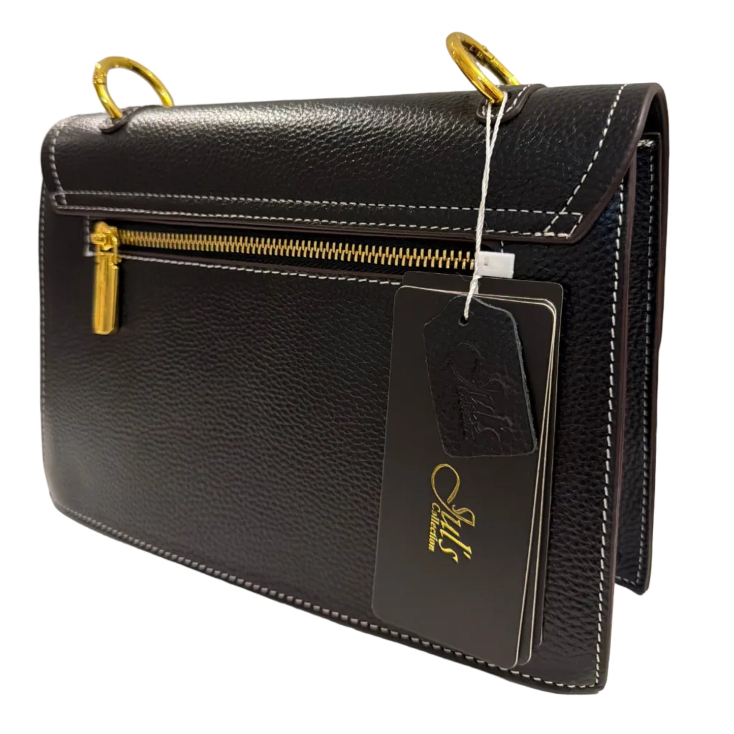 Black leather wallet with gold zipper and visible brand logo on a light gray background