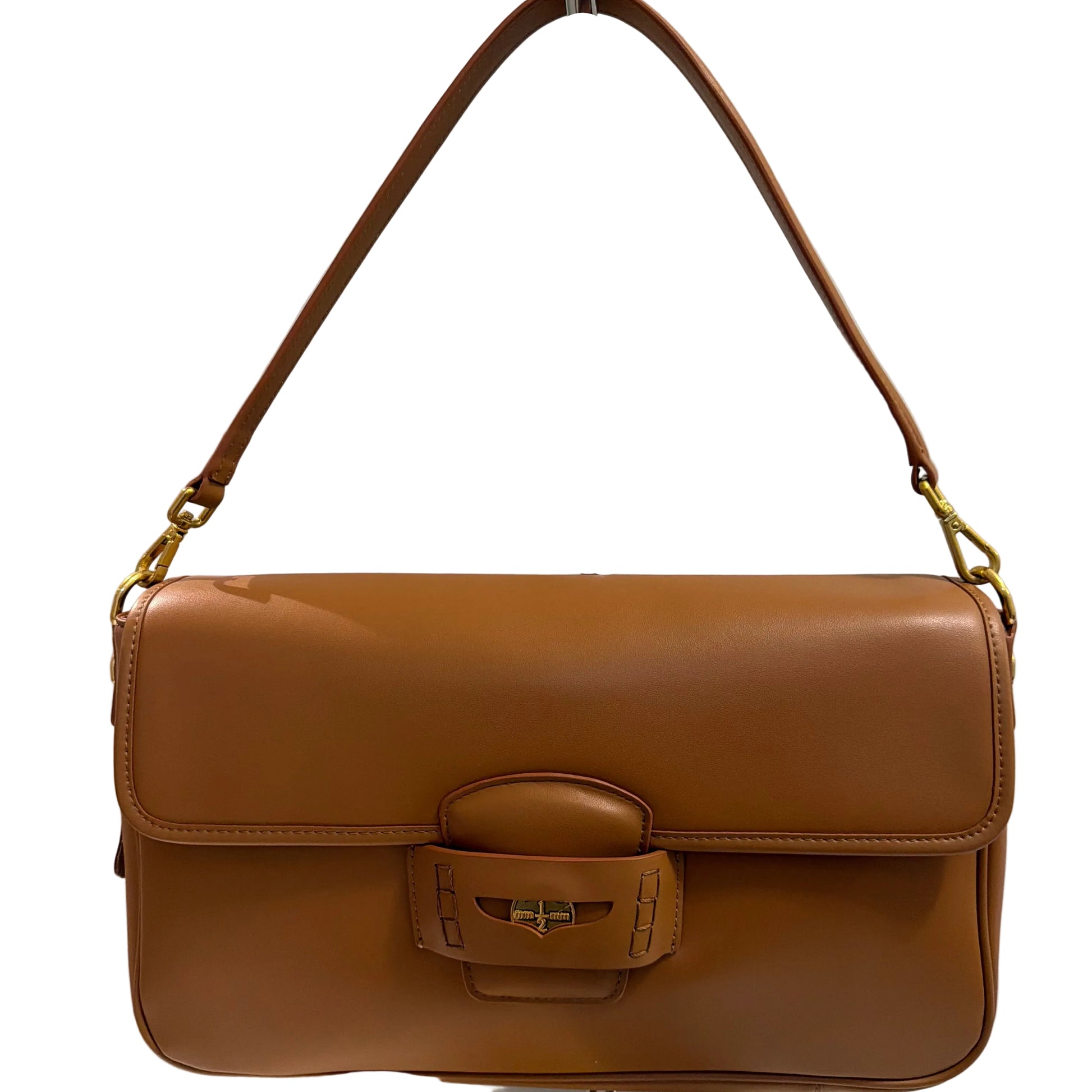 Brown leather handbag with a strap on a white background