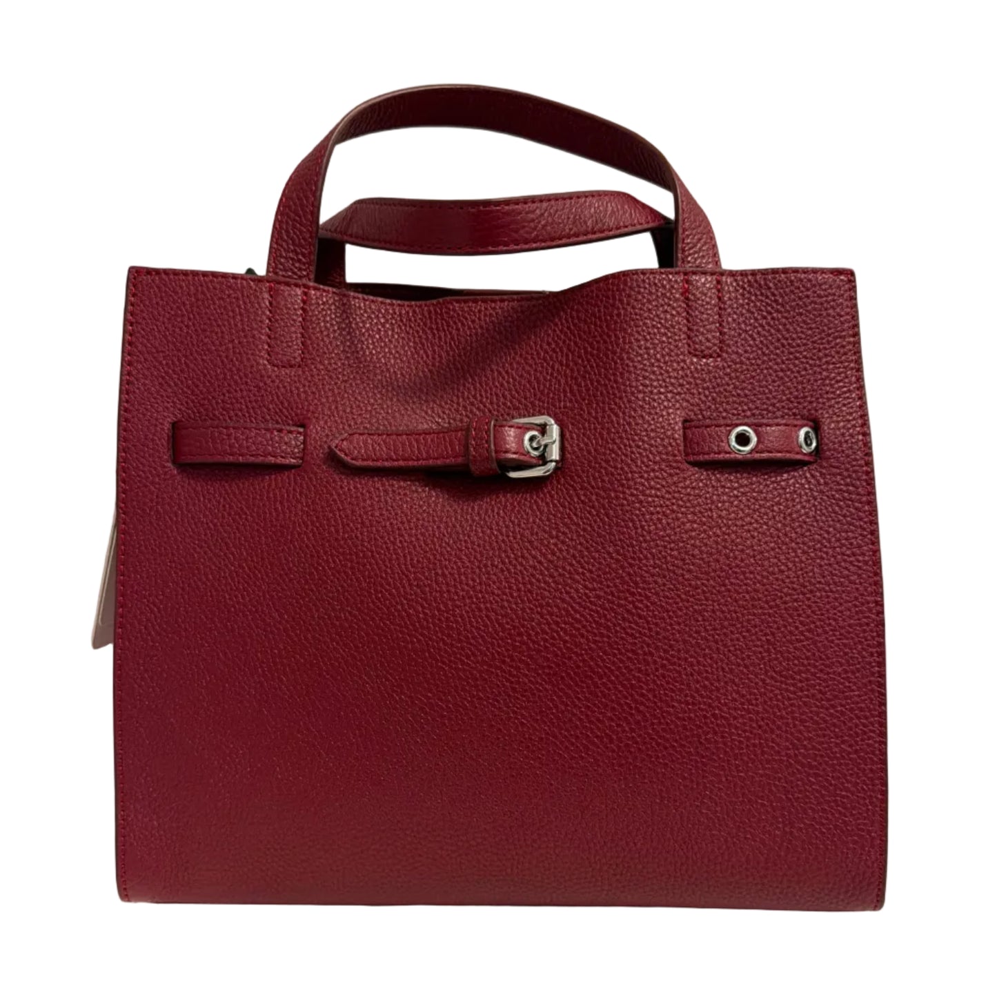 Red leather handbag on a light beige background