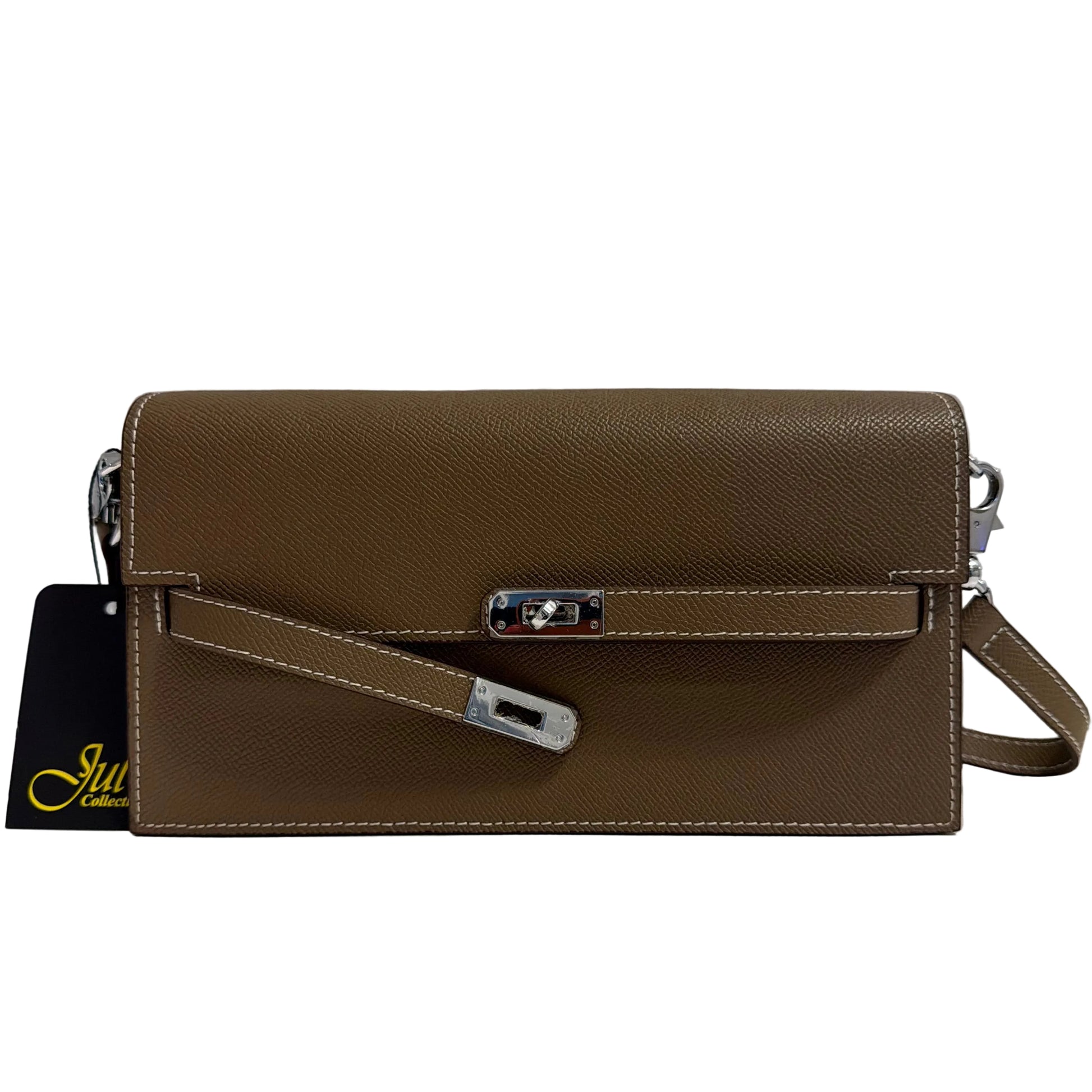 Brown leather wallet with a strap on a light gray background