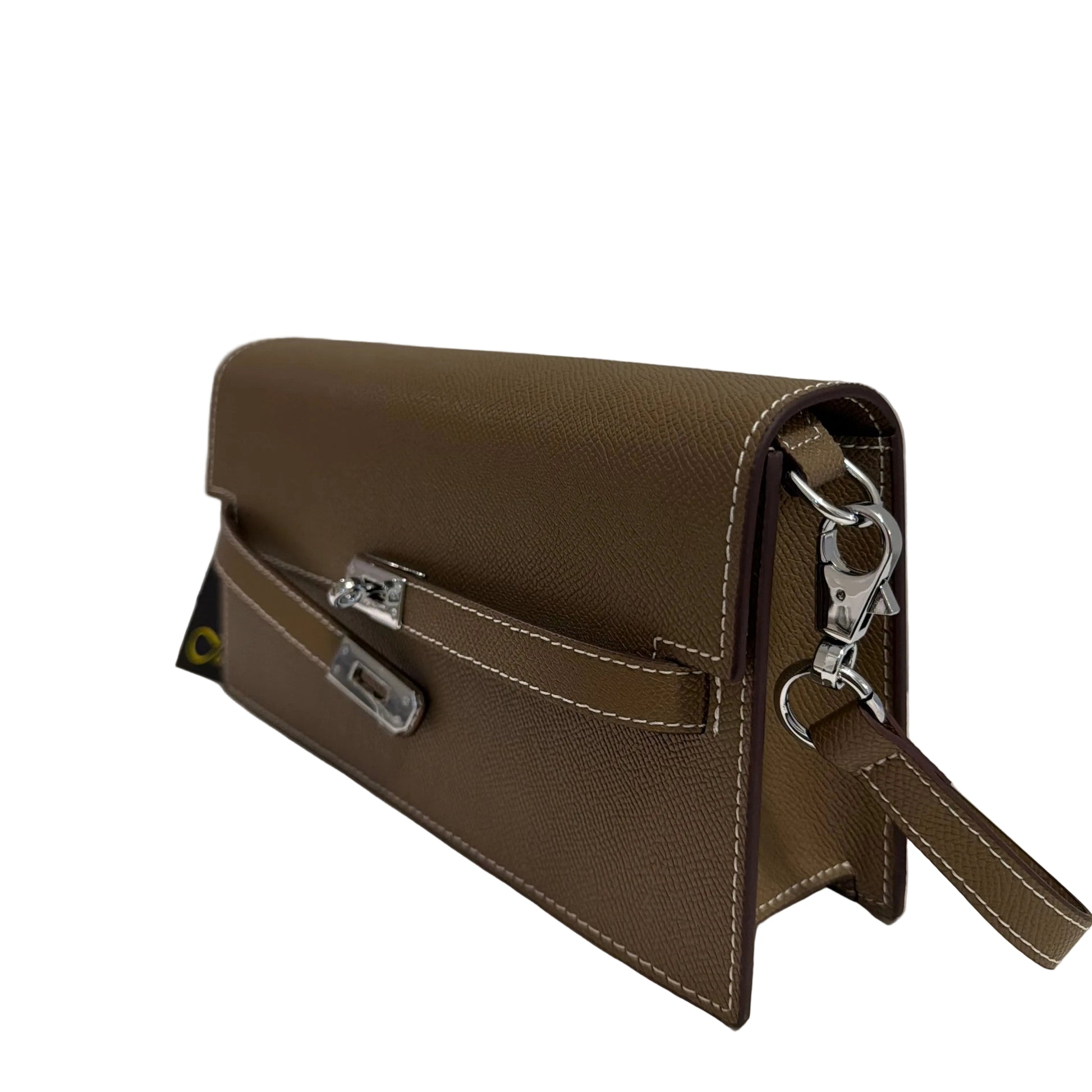Brown leather wallet with silver clasp on a light gray background