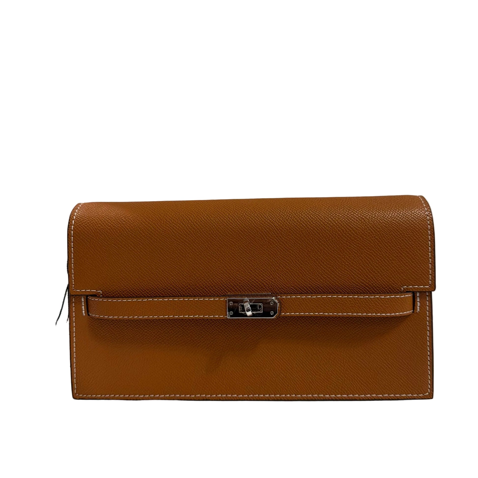 Brown leather wallet with a visible brand tag on a light gray background