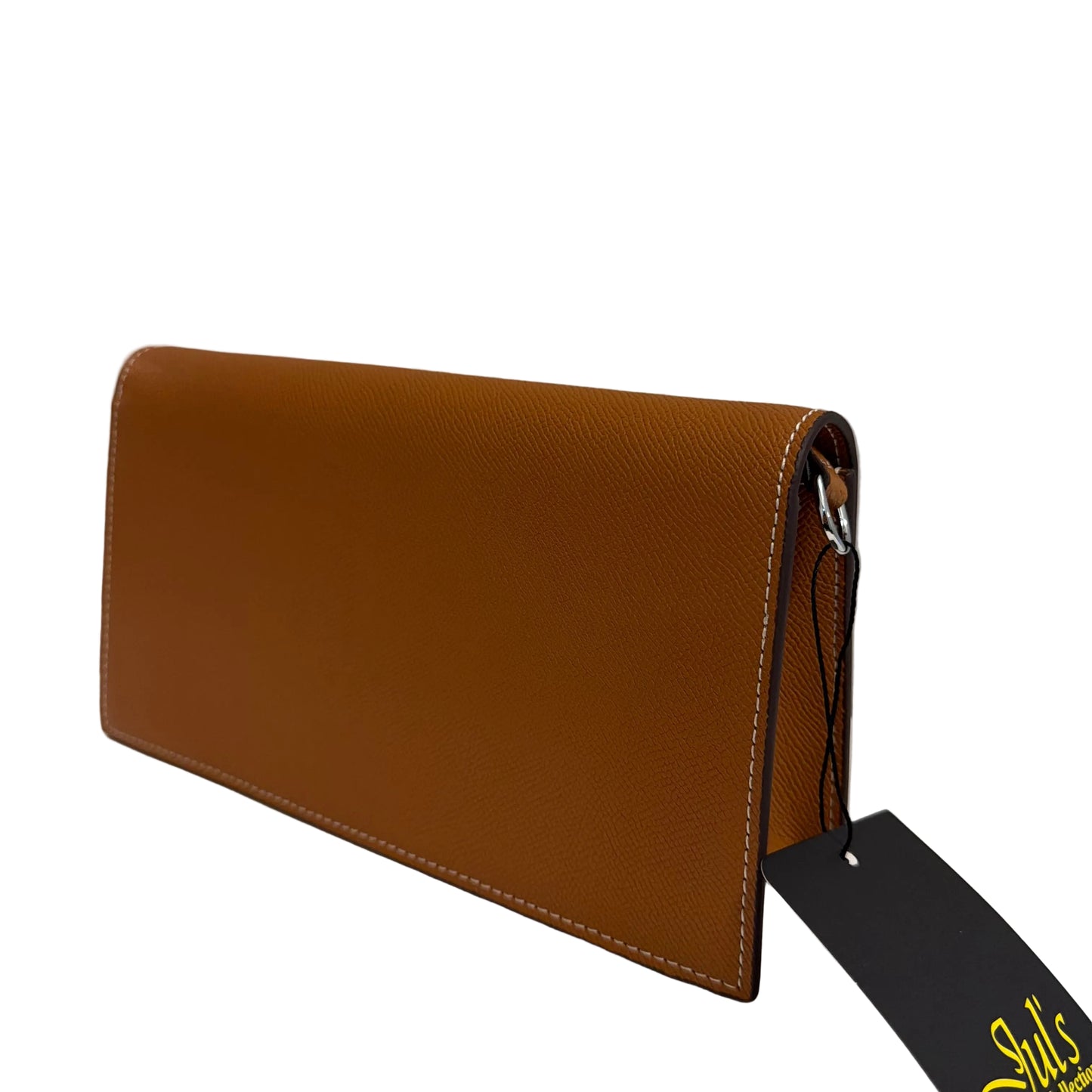 Brown leather wallet with a brand tag on a light gray background