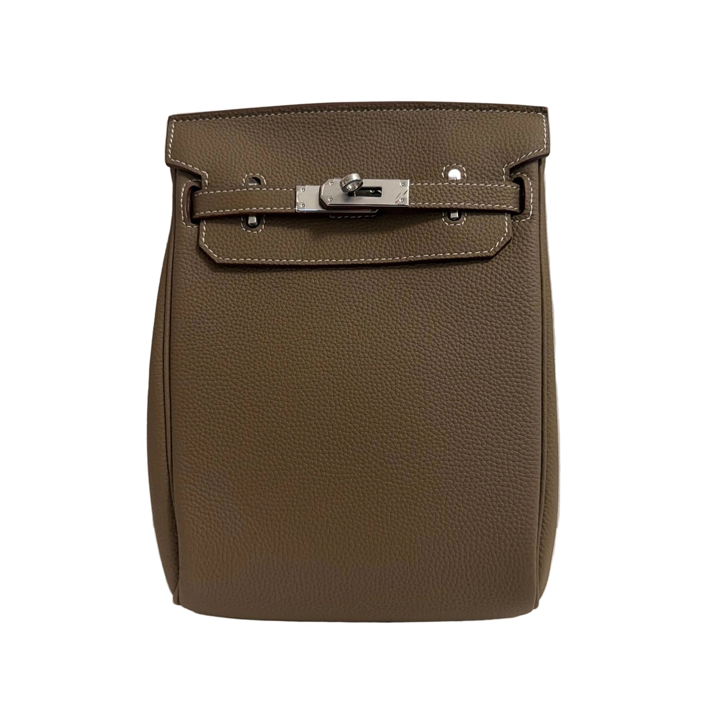 Brown leather handbag with a silver buckle on a light gray background