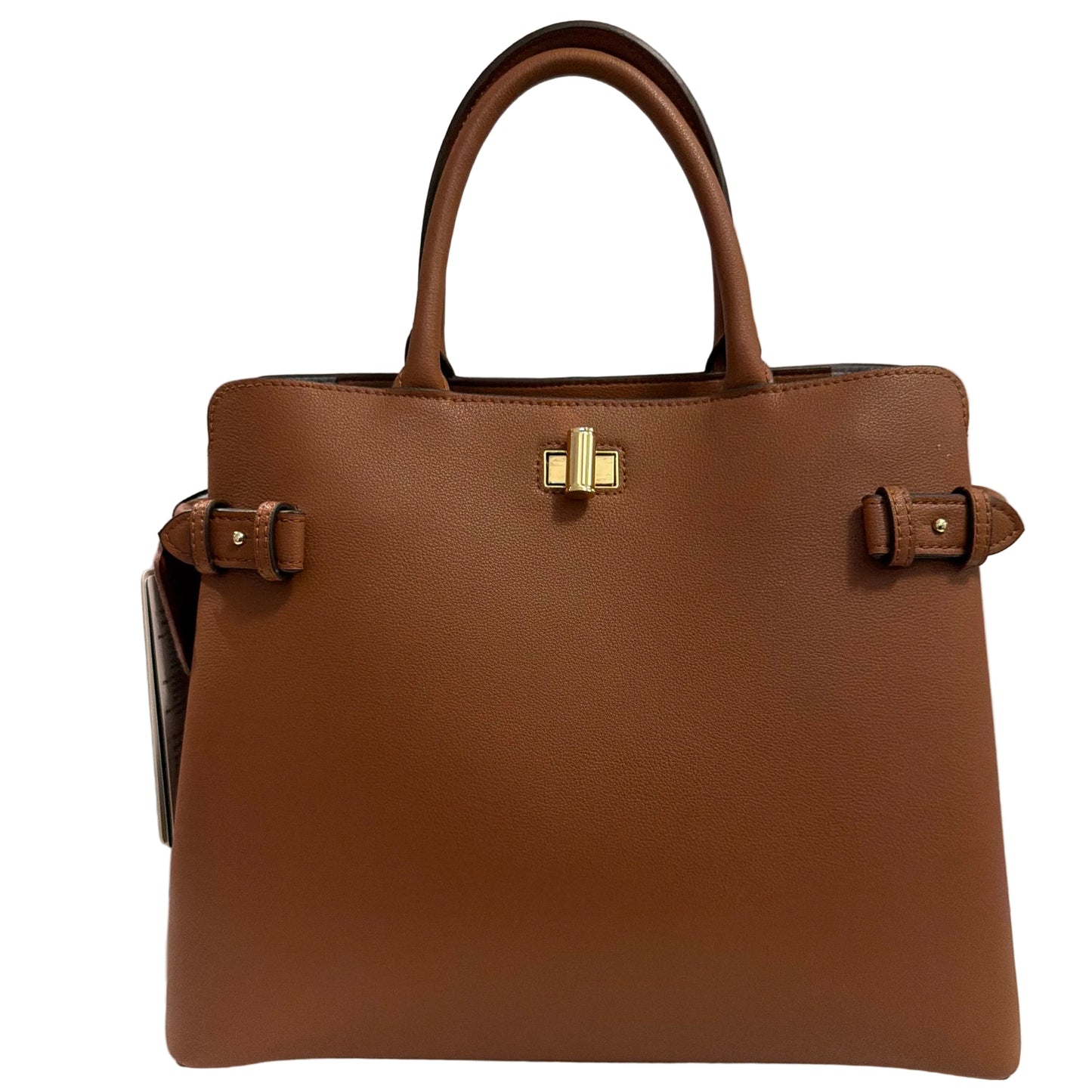 Brown leather handbag with gold hardware on a light gray background