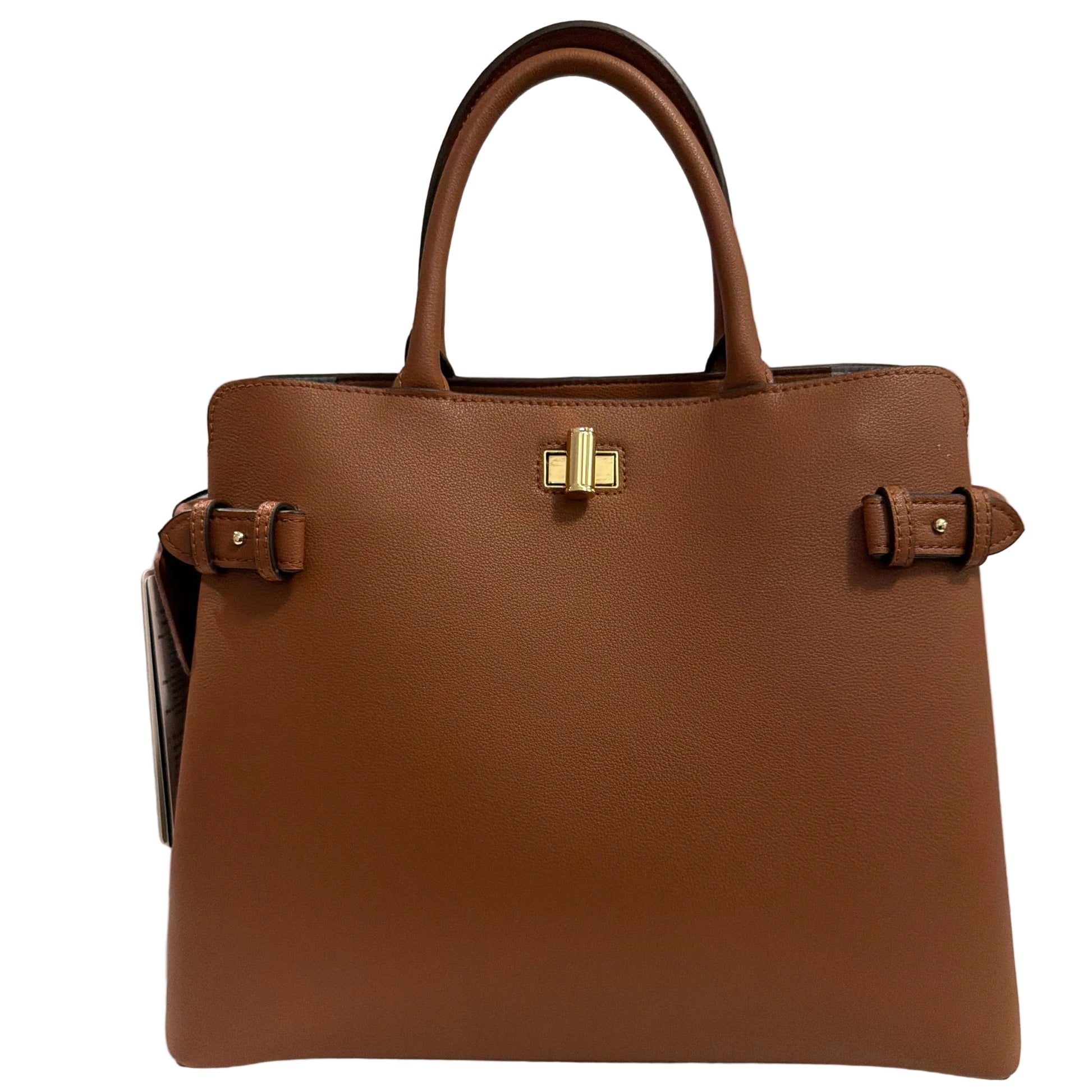 Brown leather handbag with gold hardware on a light gray background