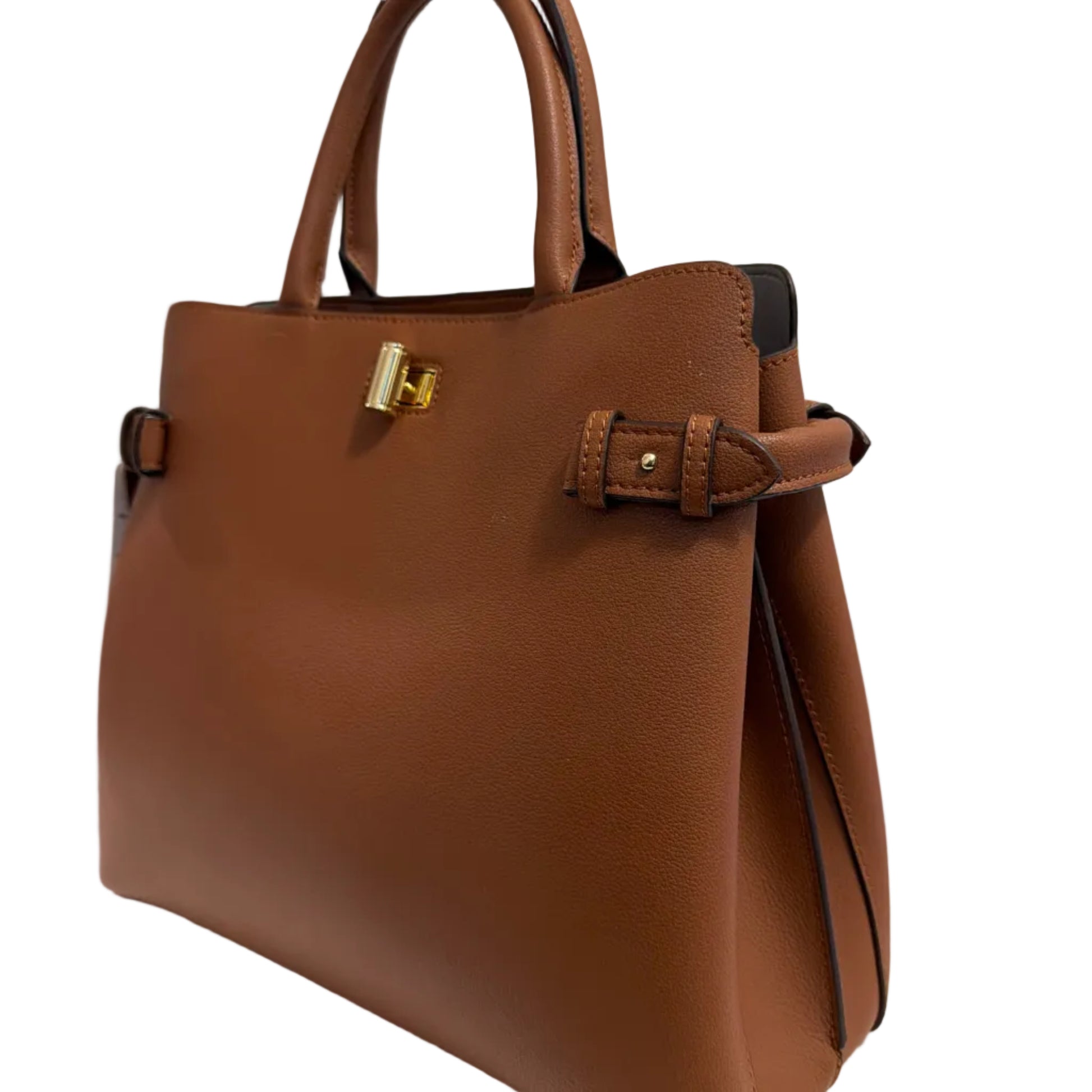 Brown handbag with gold clasp on a light gray background