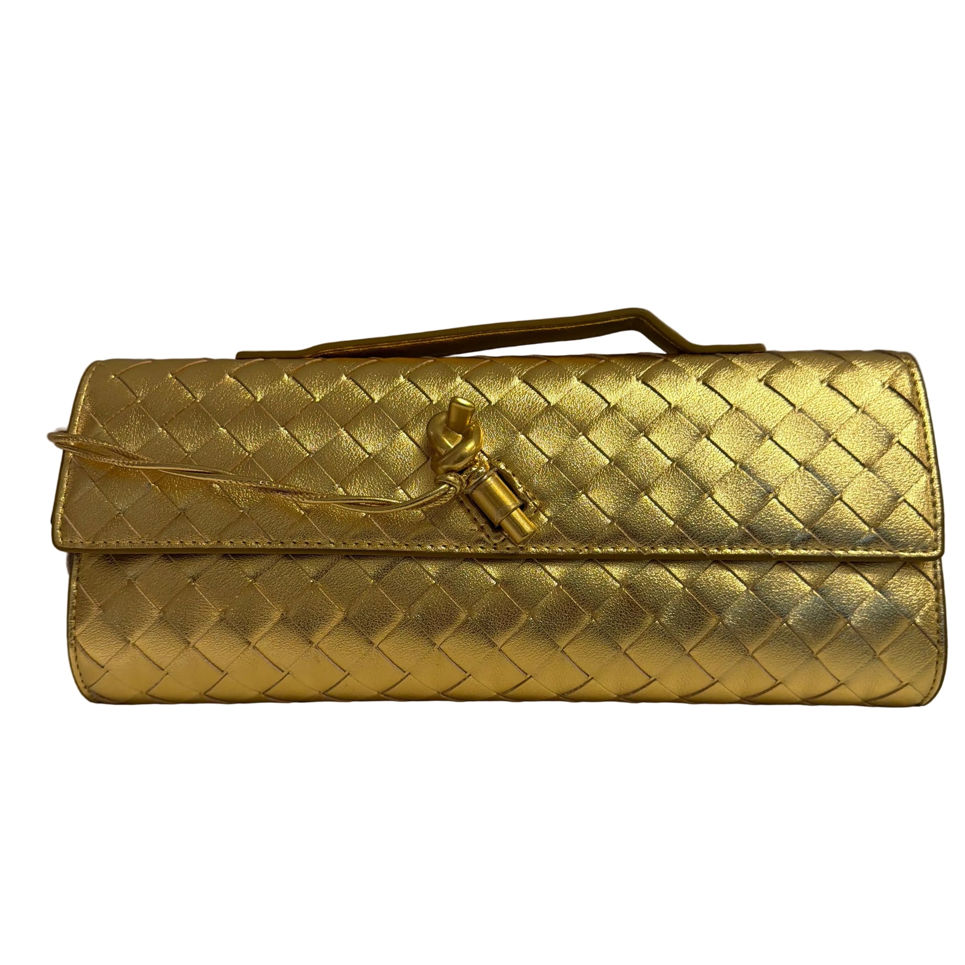 Gold woven clutch bag on a light gray background