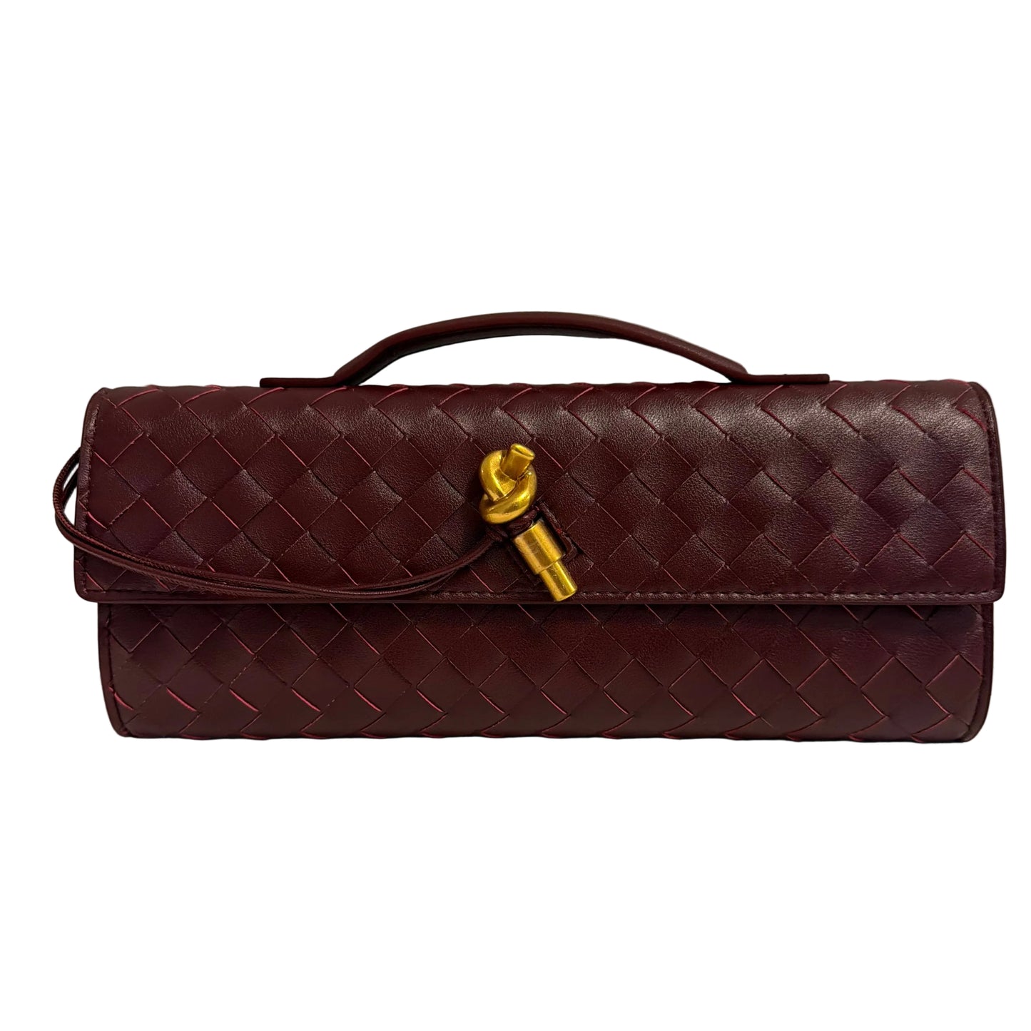 Brown quilted handbag with a gold clasp on a light gray background