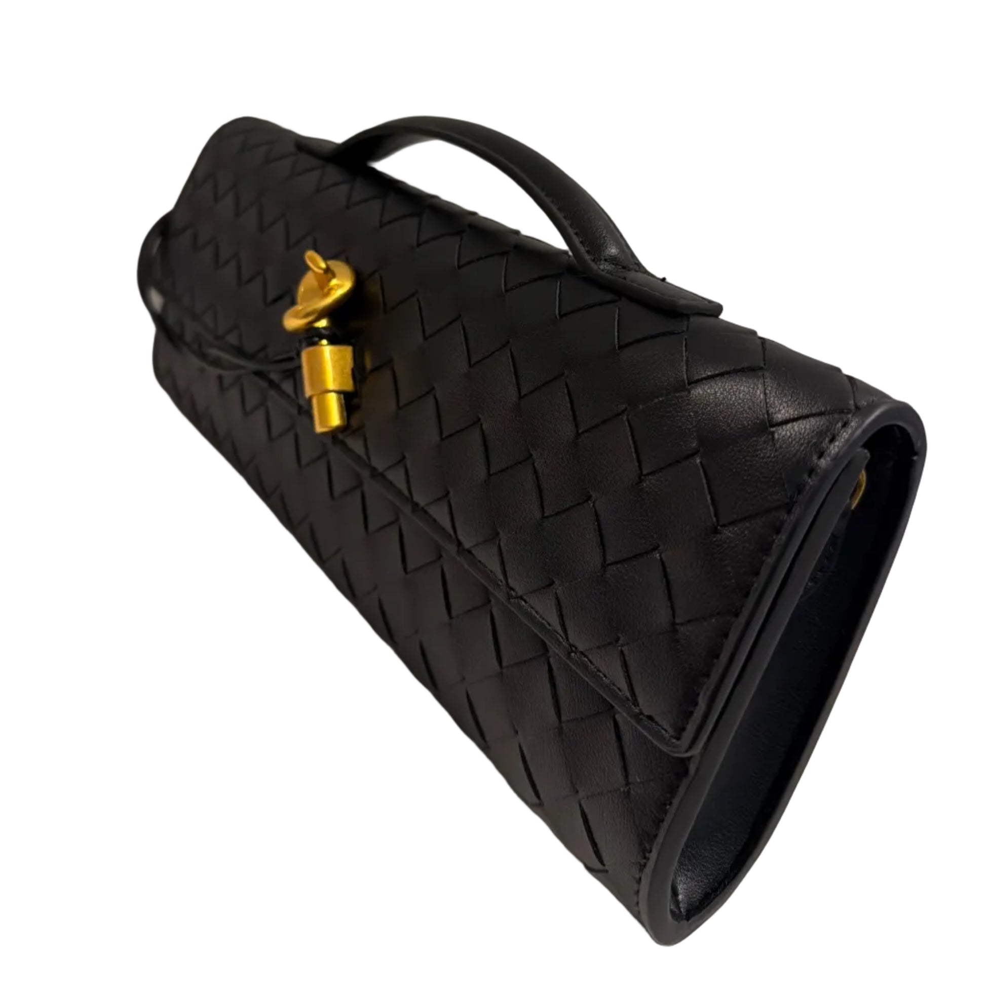 Black woven handbag with gold clasp on a light gray background