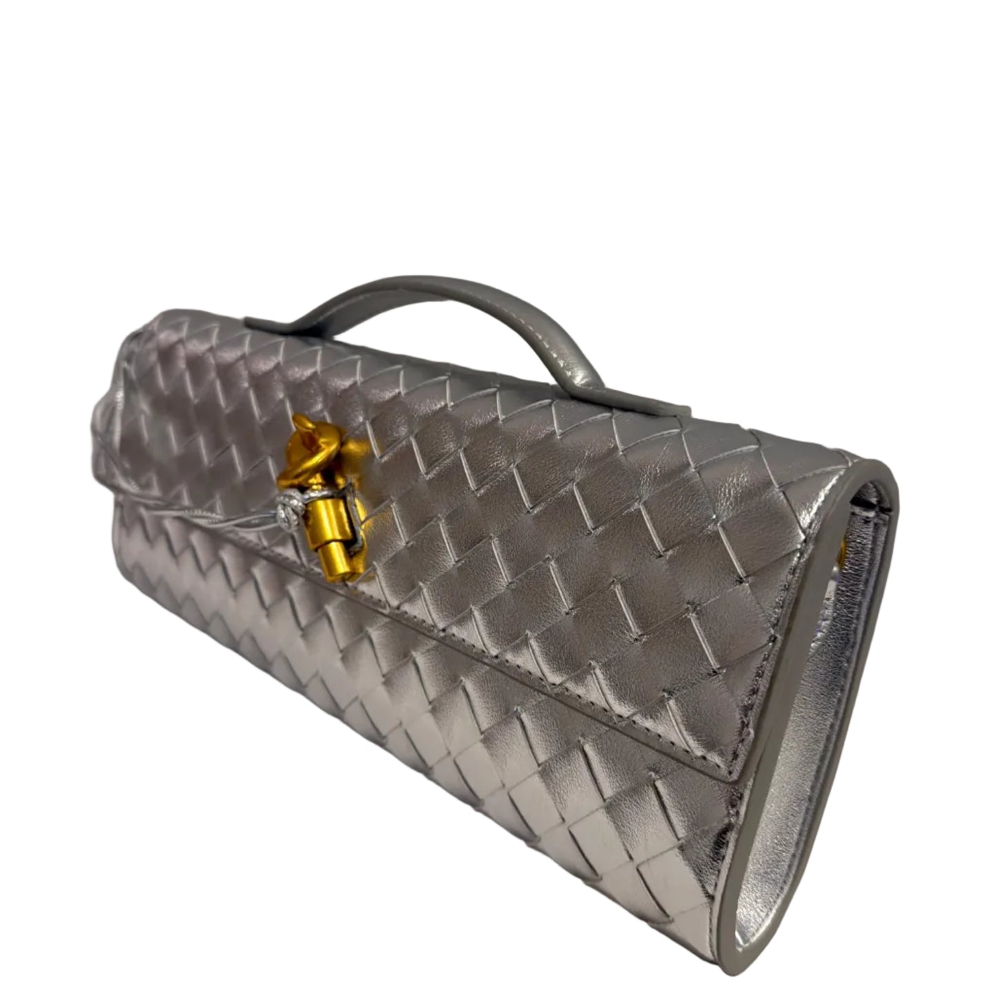 Silver textured handbag with a gold clasp on a light gray background