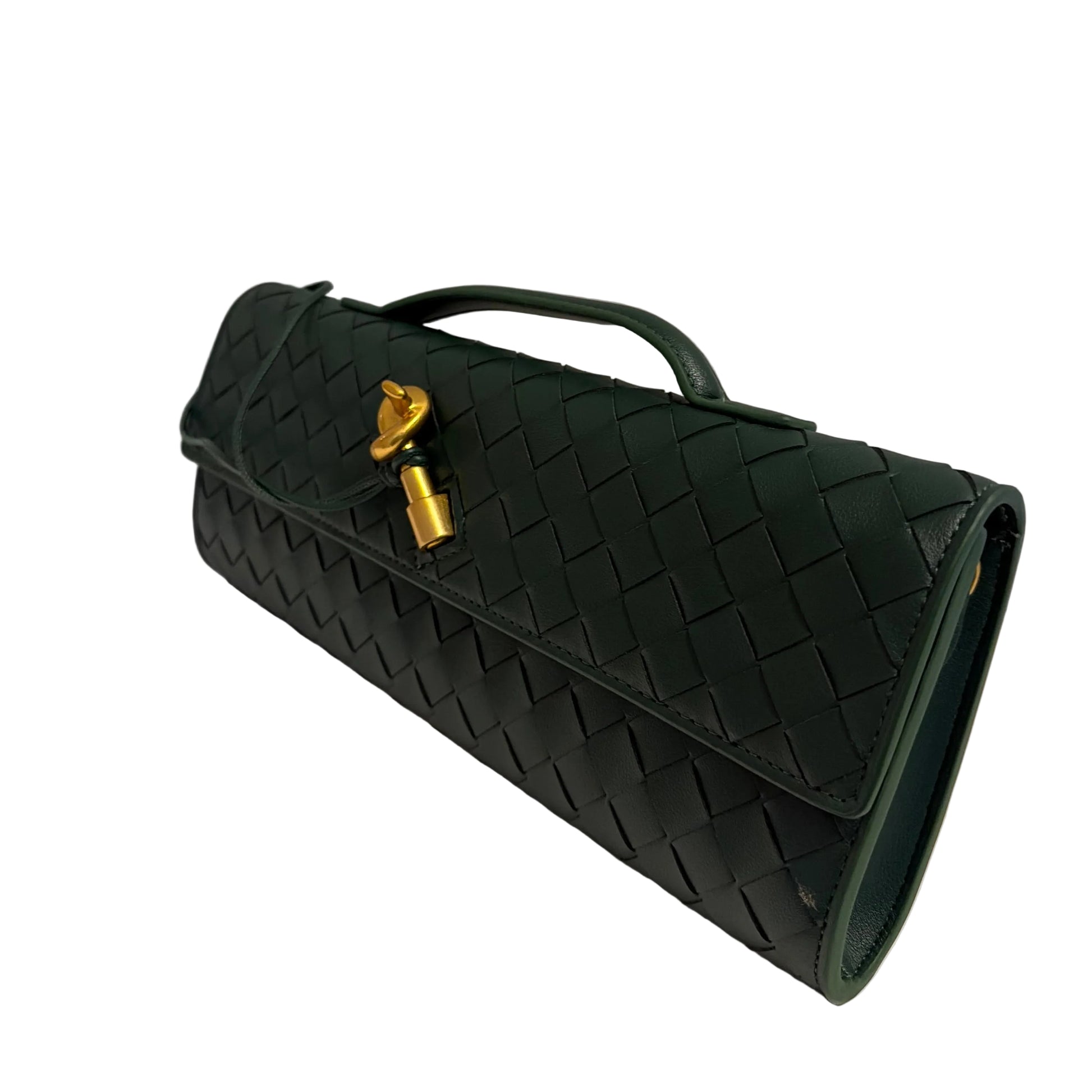 Green woven handbag with gold clasp on a light gray background
