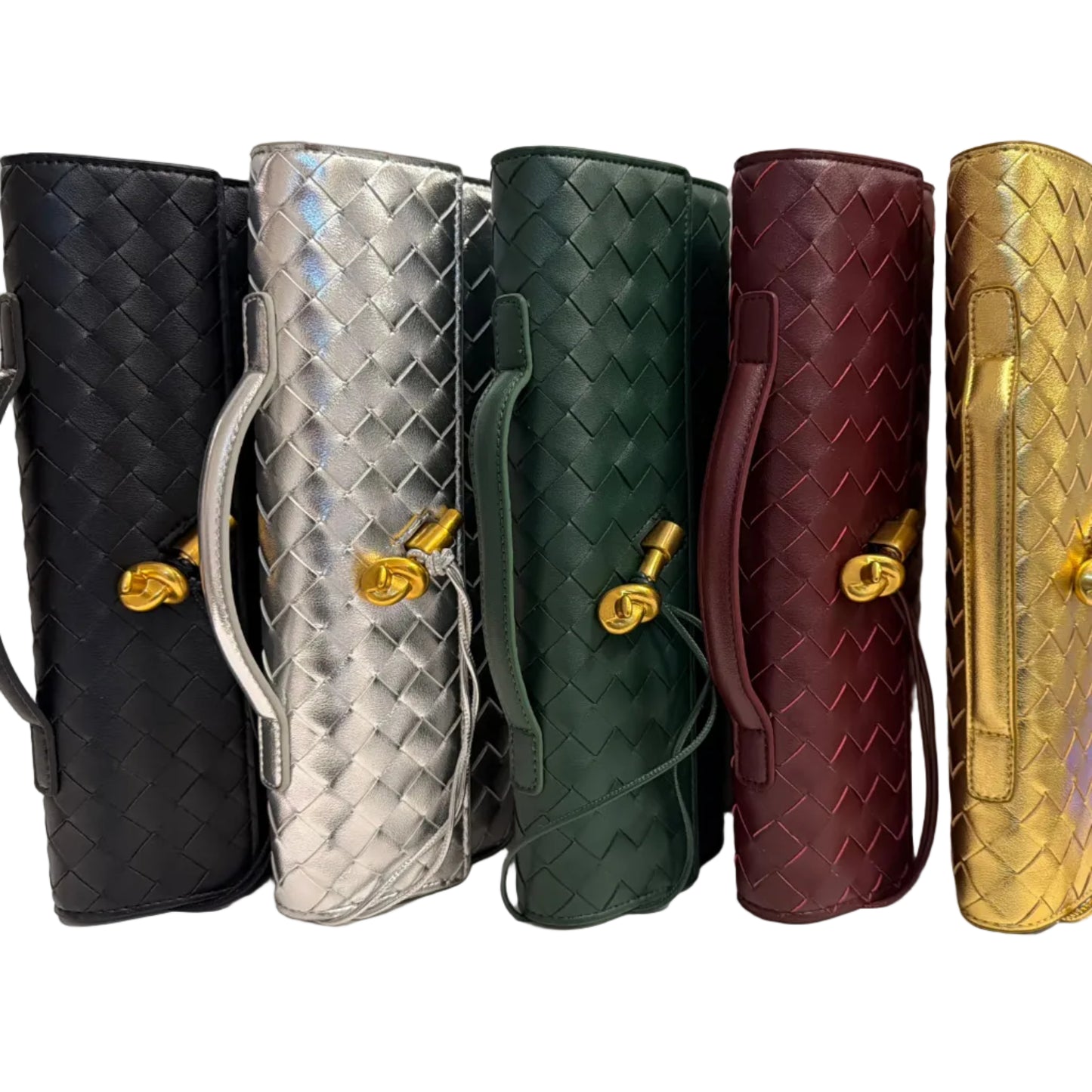 Five woven handbags in black, silver, green, red, and gold on a white surface with a gray background.