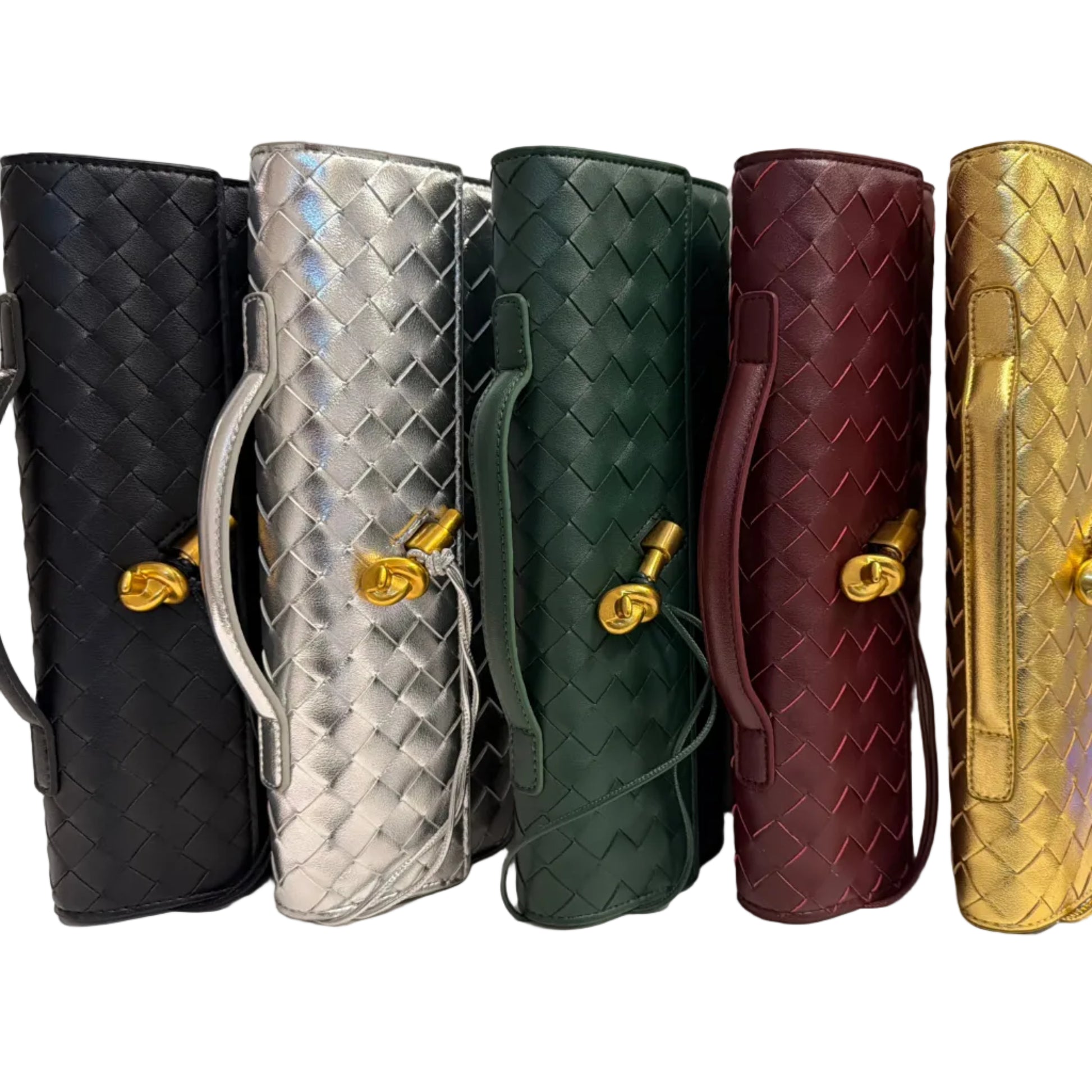 Five woven handbags in black, silver, green, red, and gold on a white surface with a gray background.