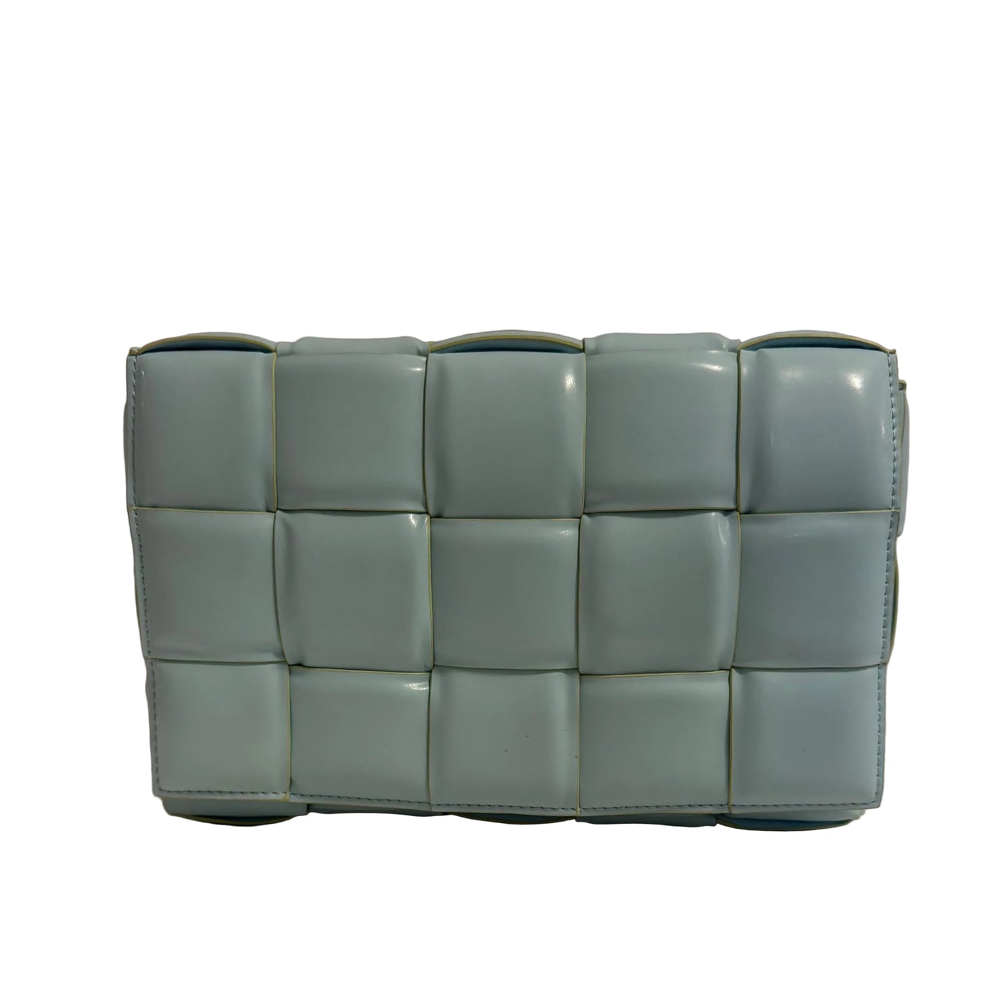 Light blue woven rectangular pouch on a beige background