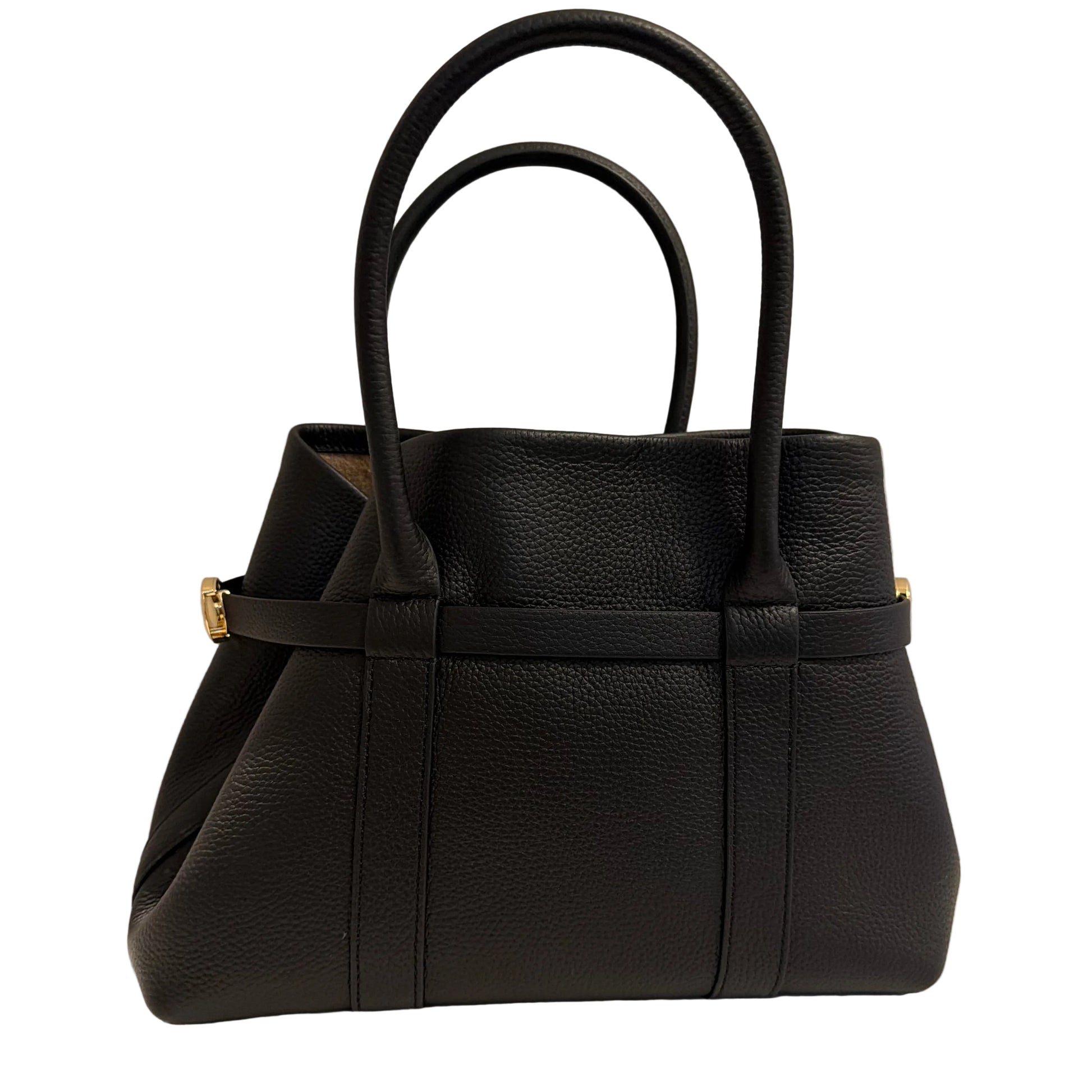 Black handbag on a light gray background
