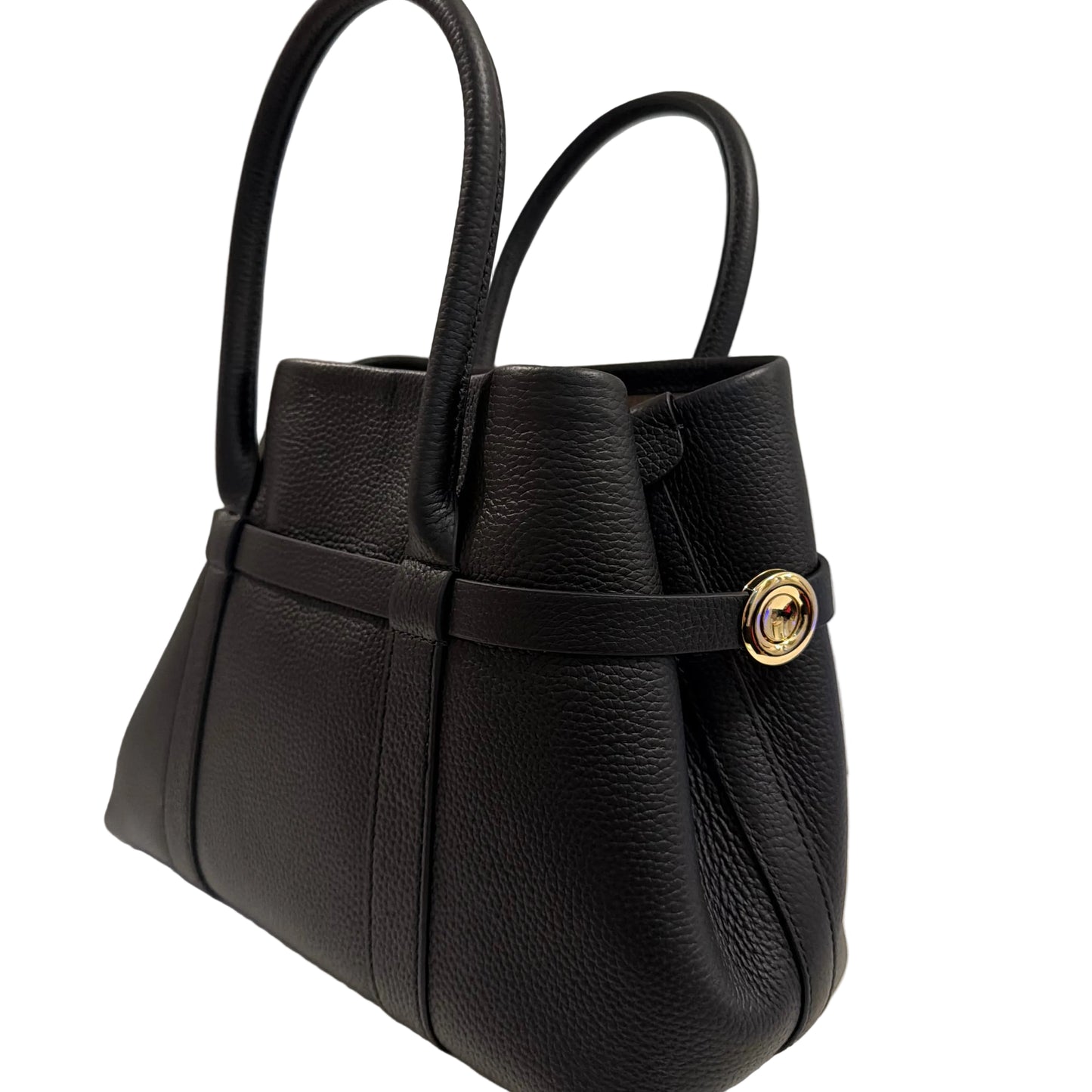 Black leather backpack with a gold button on a light gray background