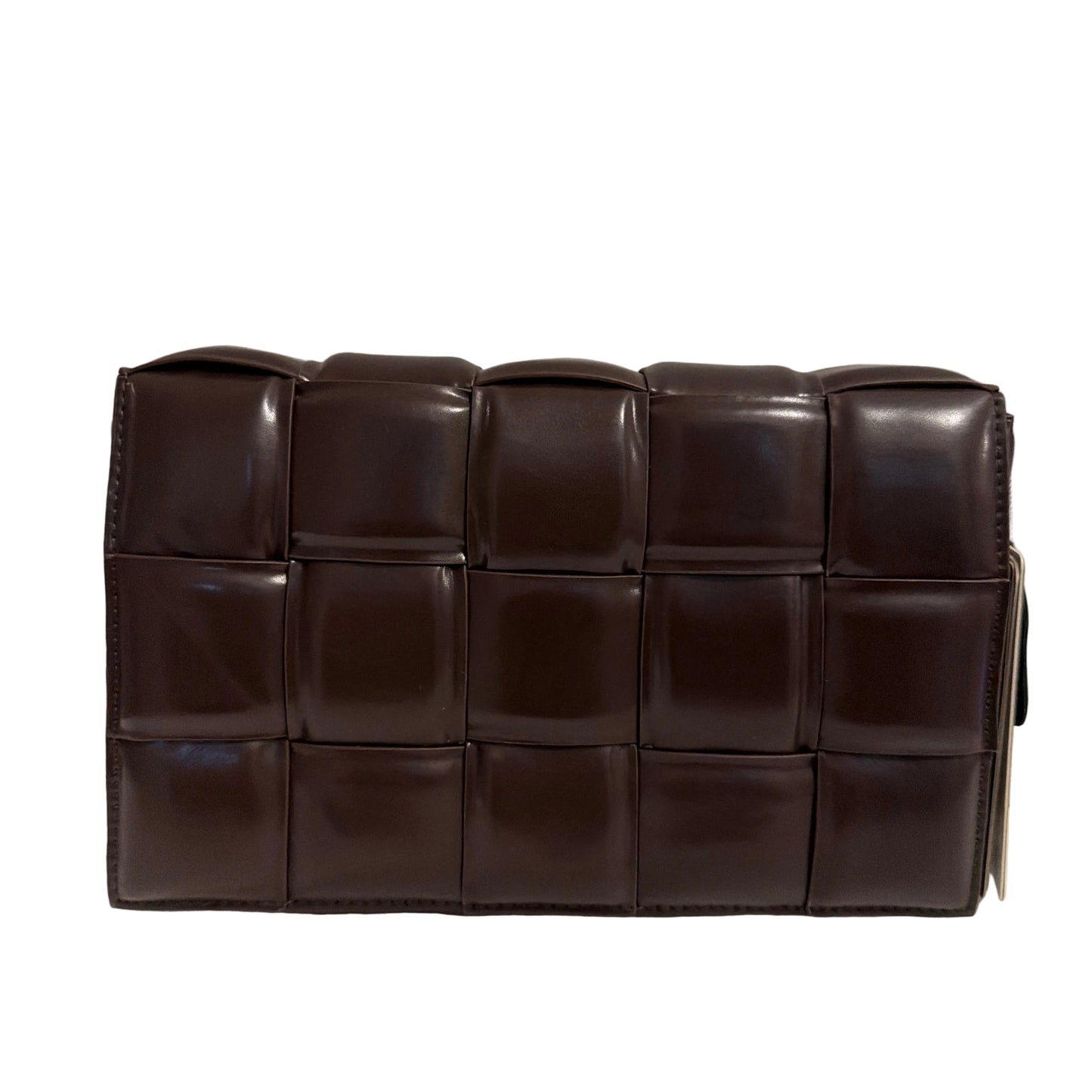 Brown woven leather clutch bag on a light gray background