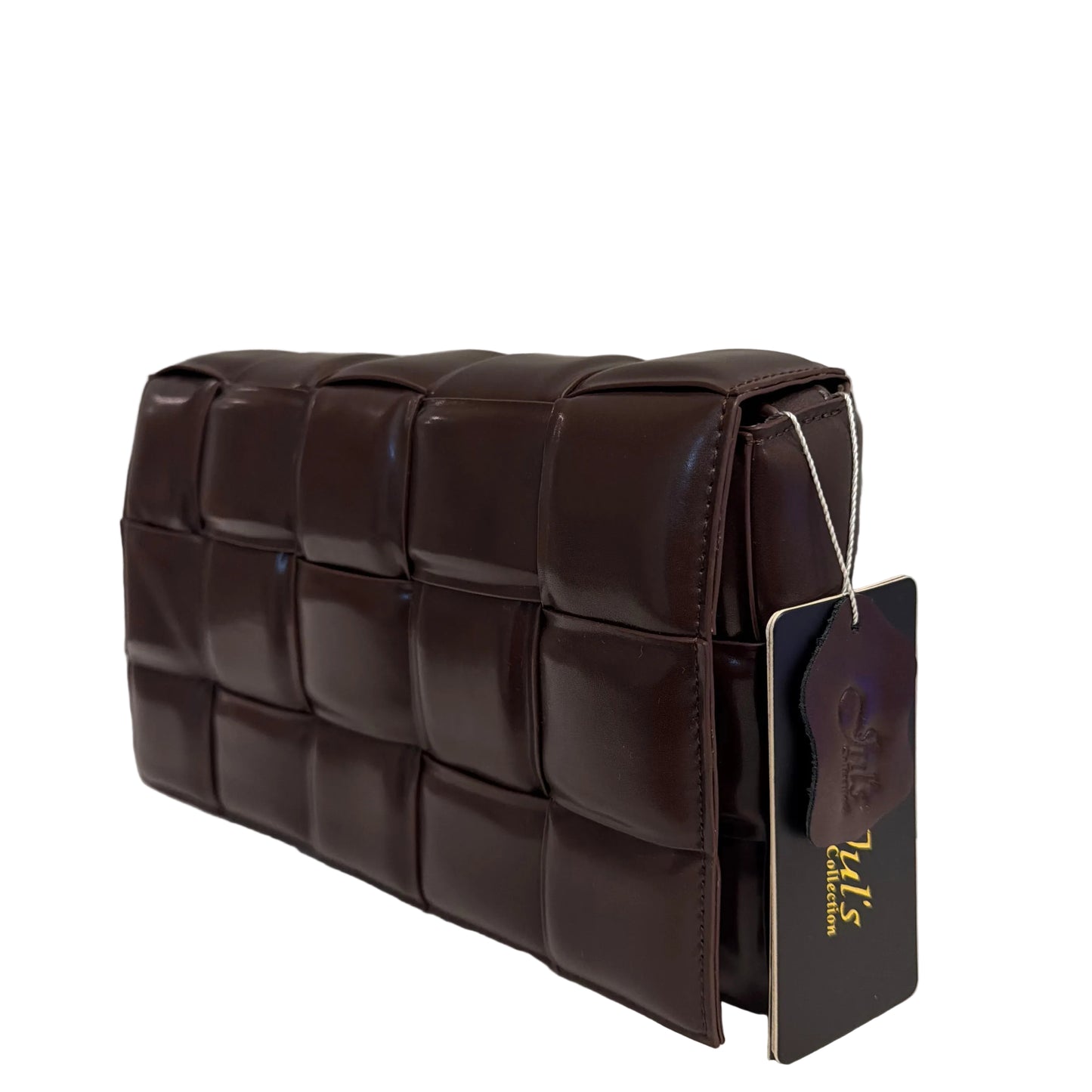 Brown quilted handbag with a visible brand tag on a light gray background