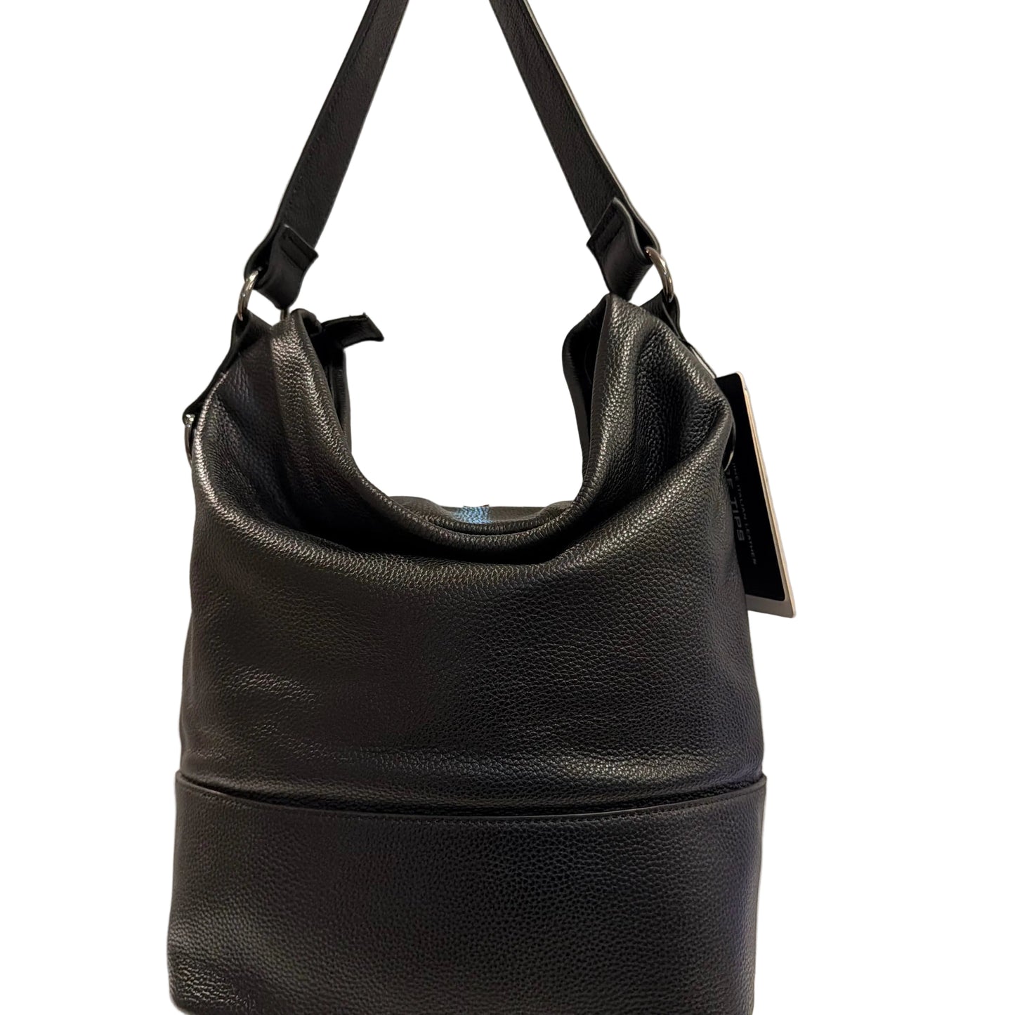 Black leather handbag on a white background