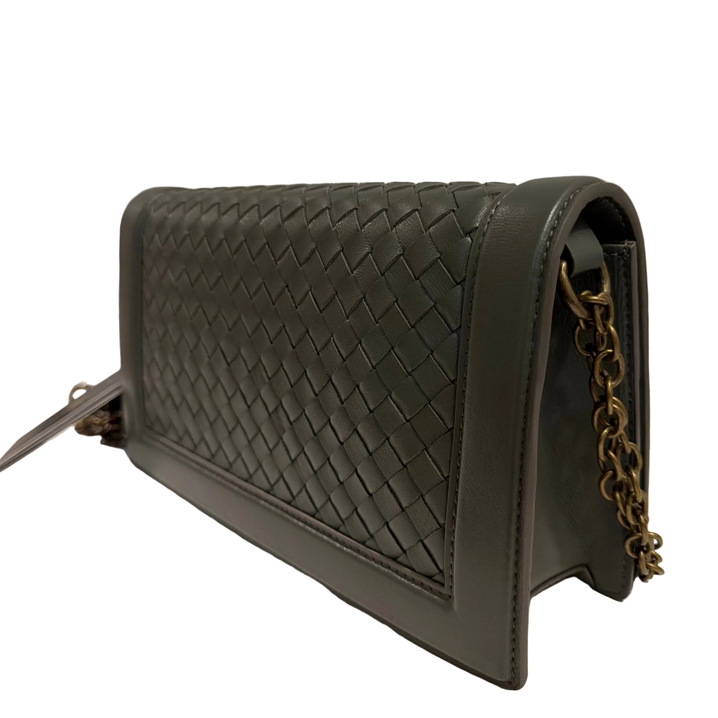 Black woven handbag with chain detail on a light gray background