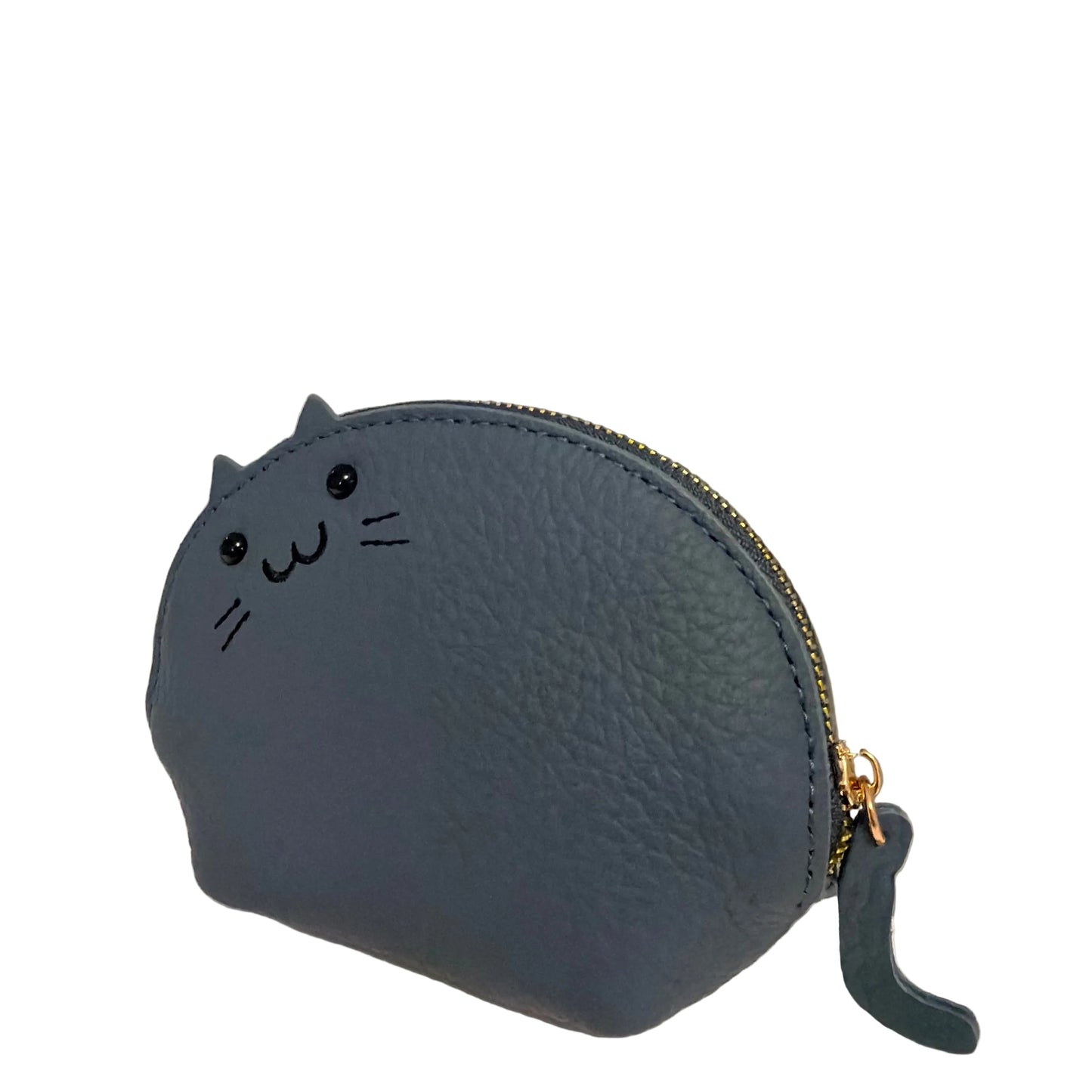 Blue cat-shaped coin purse with a gold zipper on a light gray background