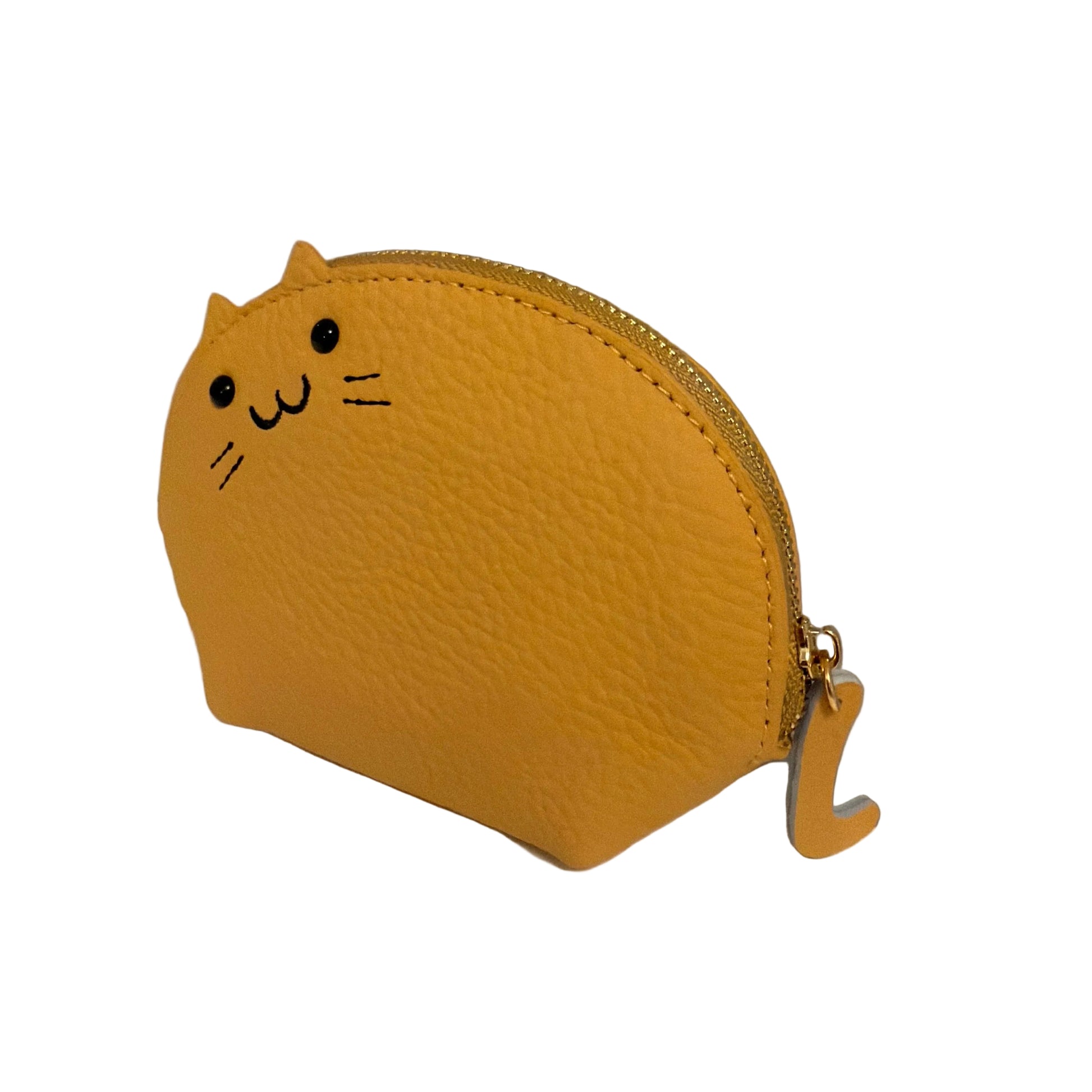Yellow cat-shaped coin purse with a gold zipper on a white surface.