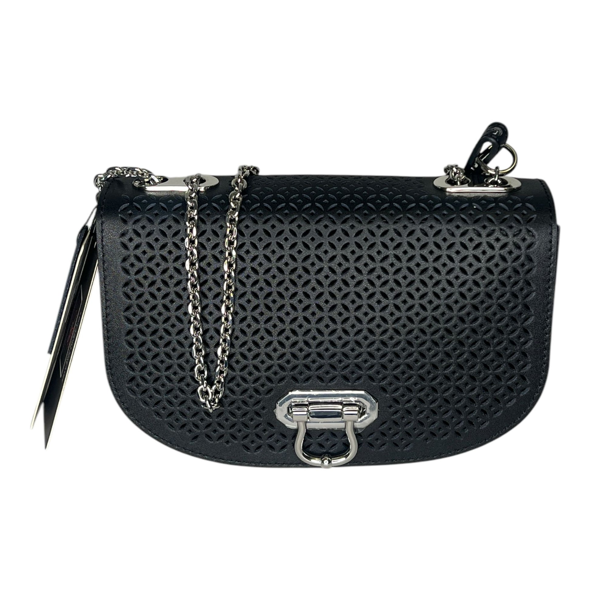 Black perforated handbag with chain detail on a white background