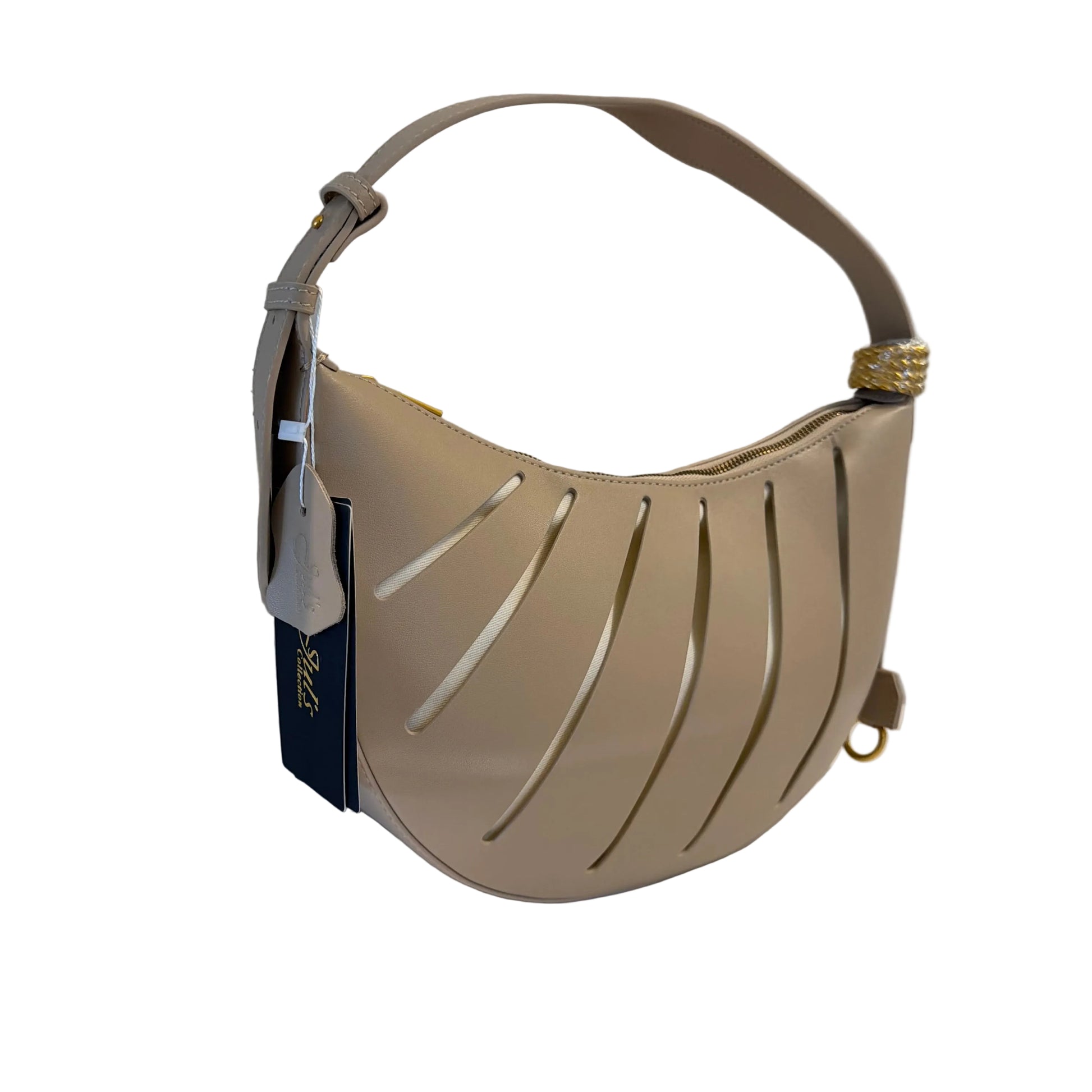 Beige handbag with cut-out design on a light gray background