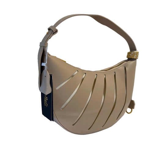 Beige handbag with cut-out design on a light gray background
