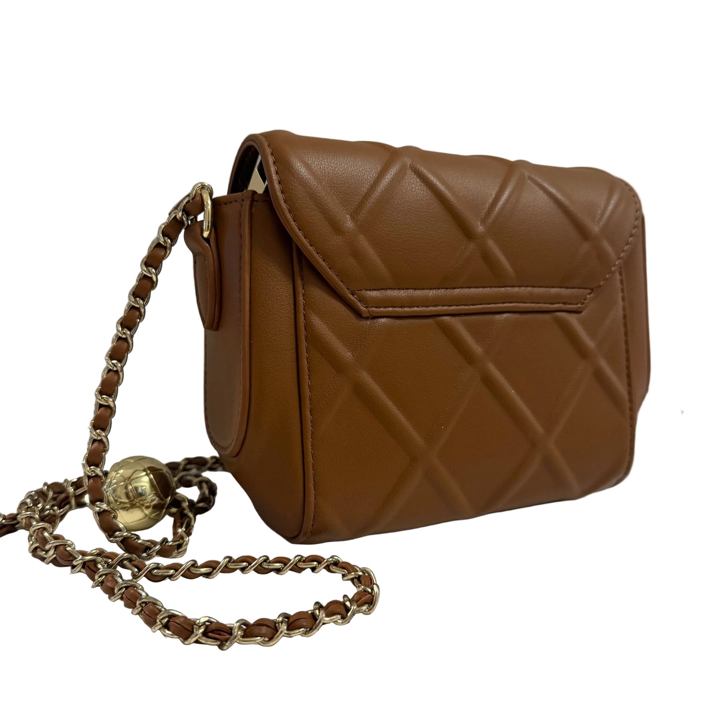 Brown quilted handbag with a chain strap on a white surface
