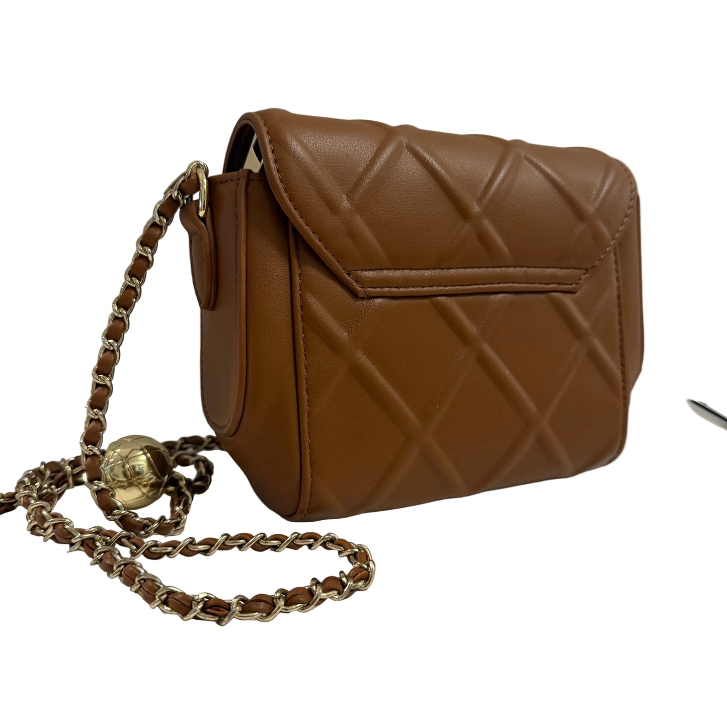 Brown quilted handbag with a chain strap on a light gray background
