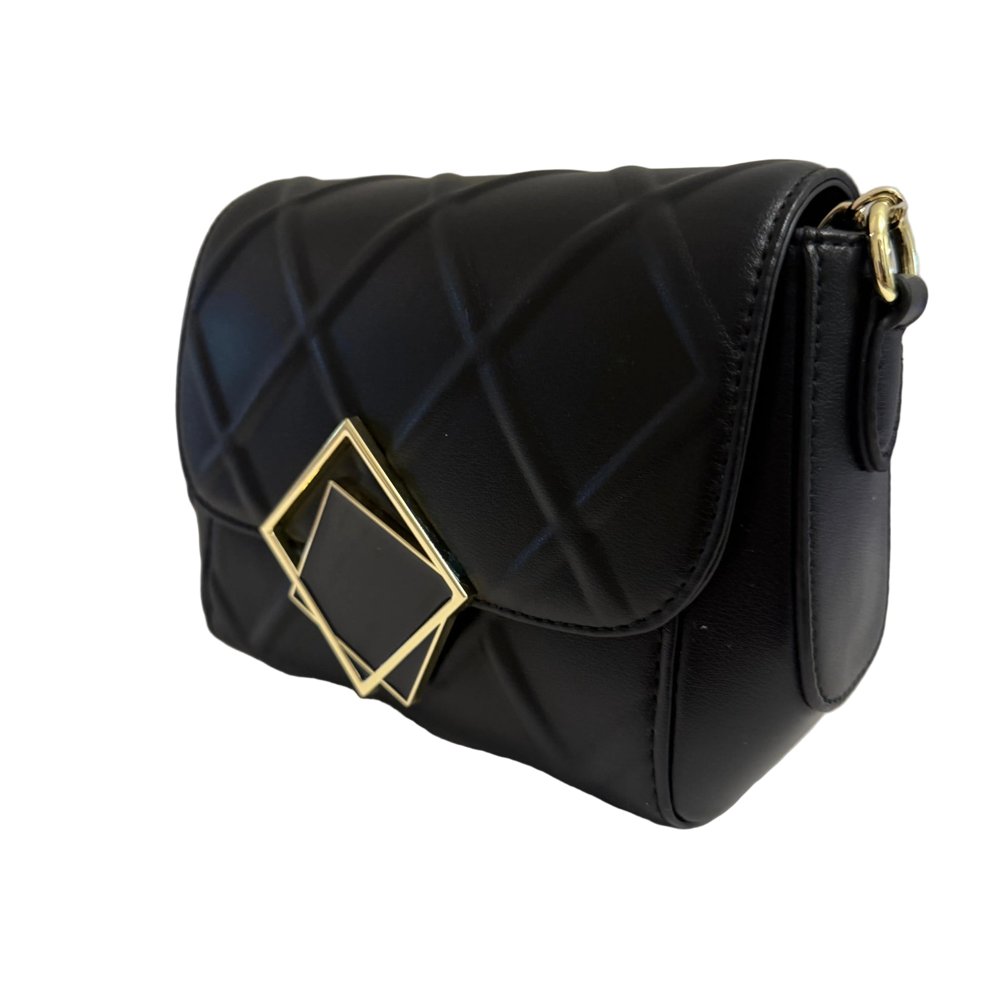 Black quilted handbag with gold accents on a light gray background