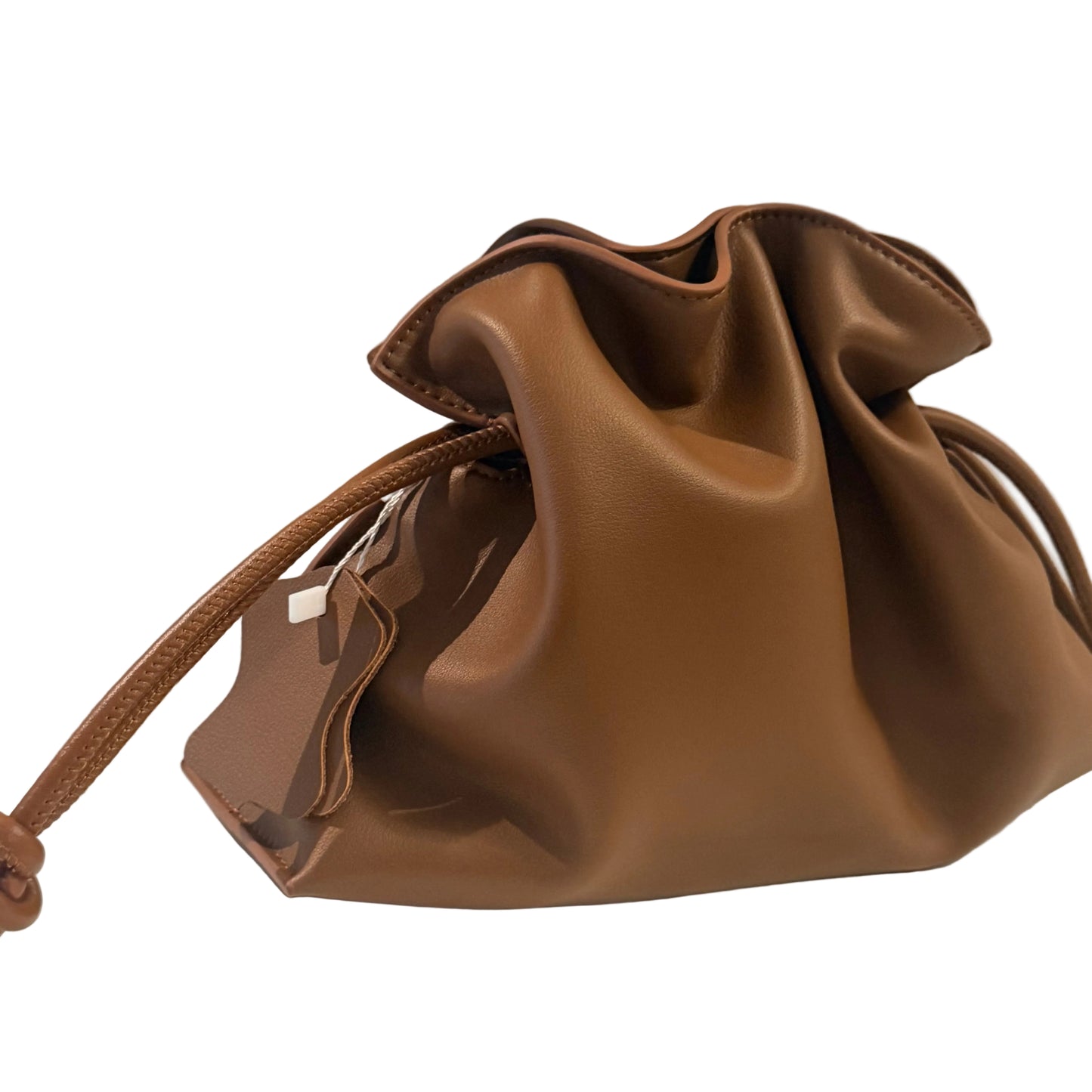 Brown leather drawstring bag on a light gray background