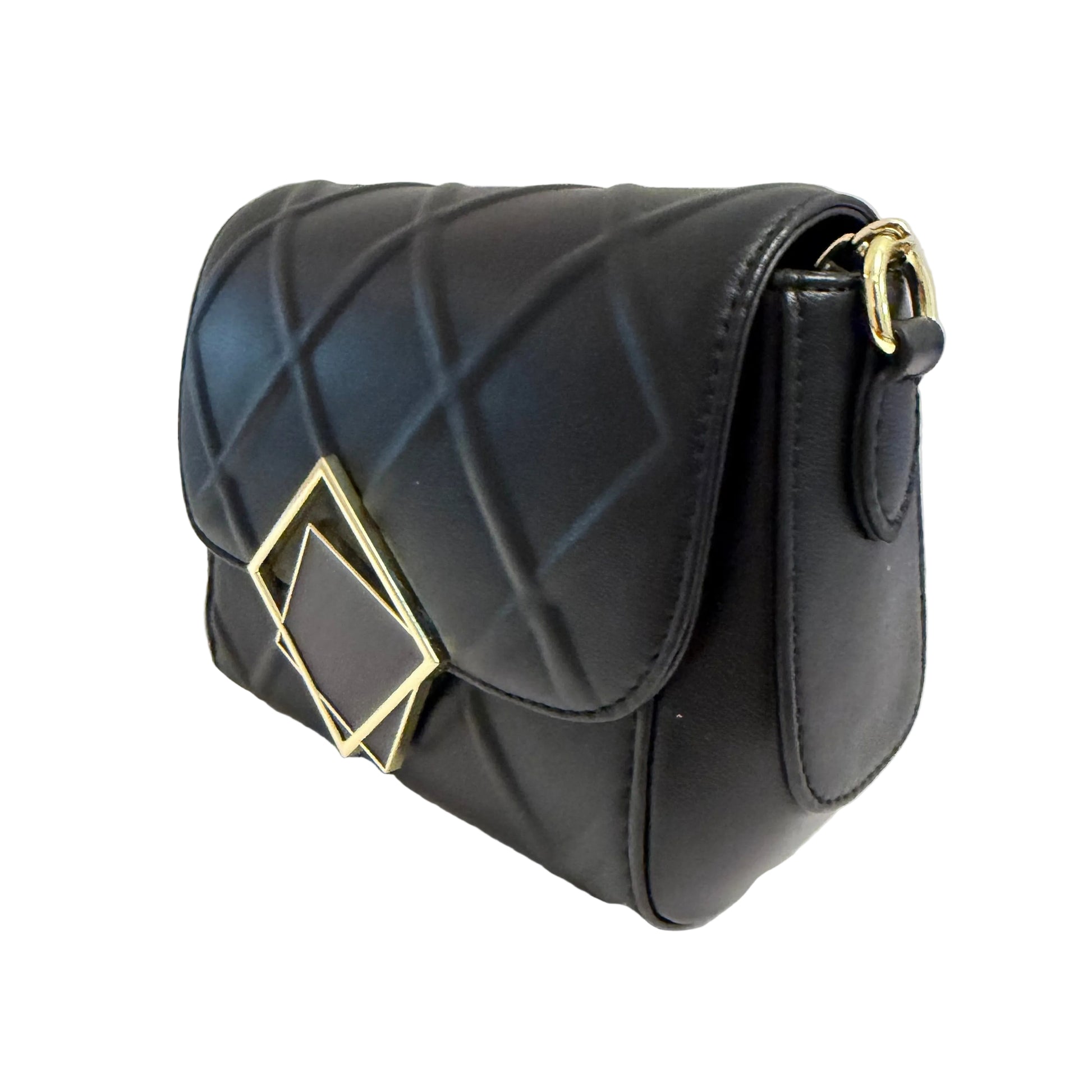 Black quilted handbag with gold accents on a white surface