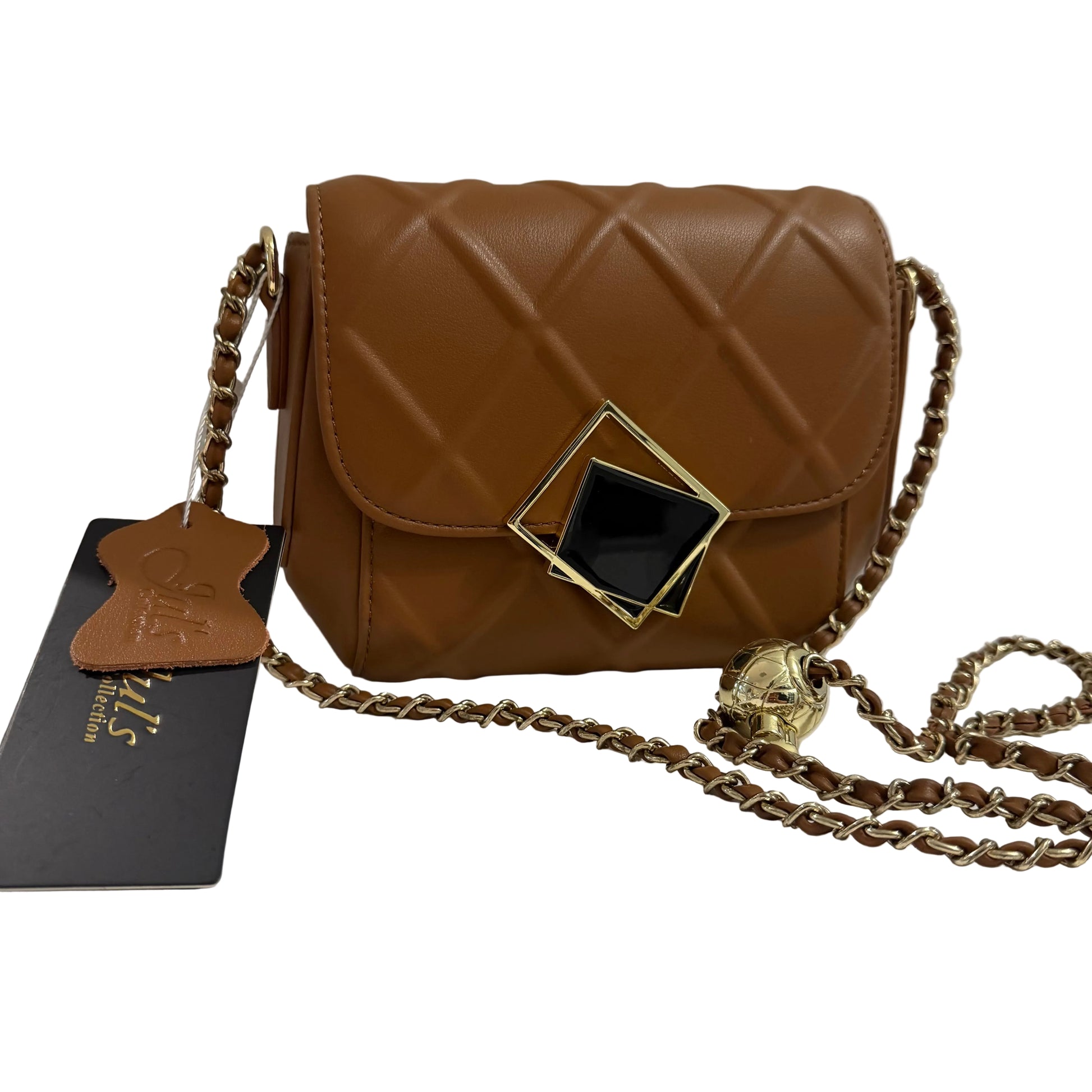 Brown quilted handbag with chain strap on a white surface