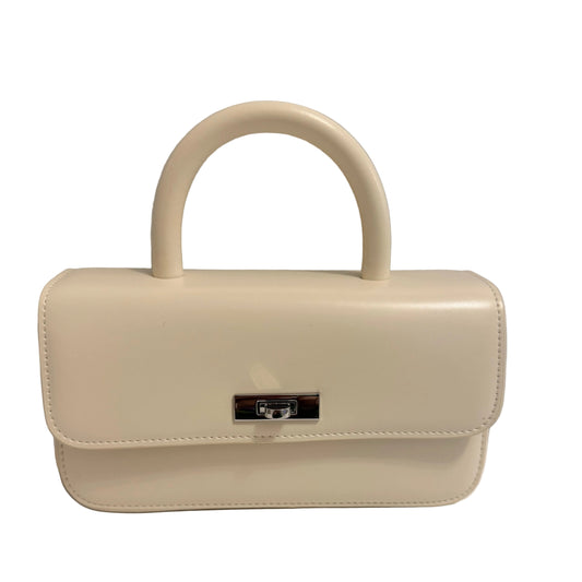 A cream-colored faux leather handbag with a matching curved handle and a small black metal lock, shown against a split gray and white background.
