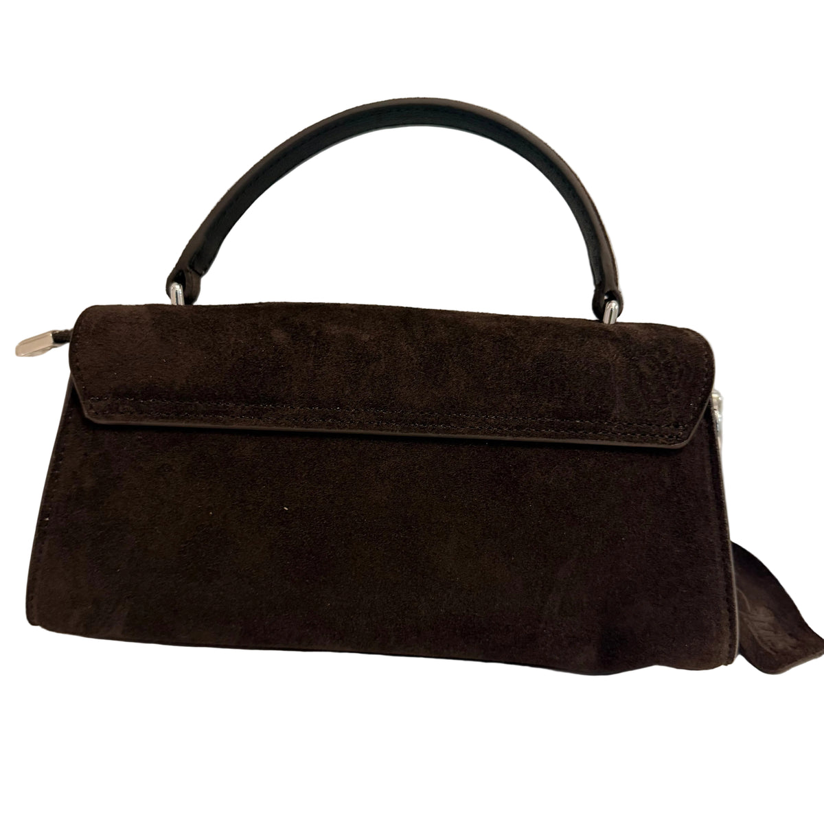 A dark brown suede handbag with a top handle, shown on a plain white surface against a light gray background.